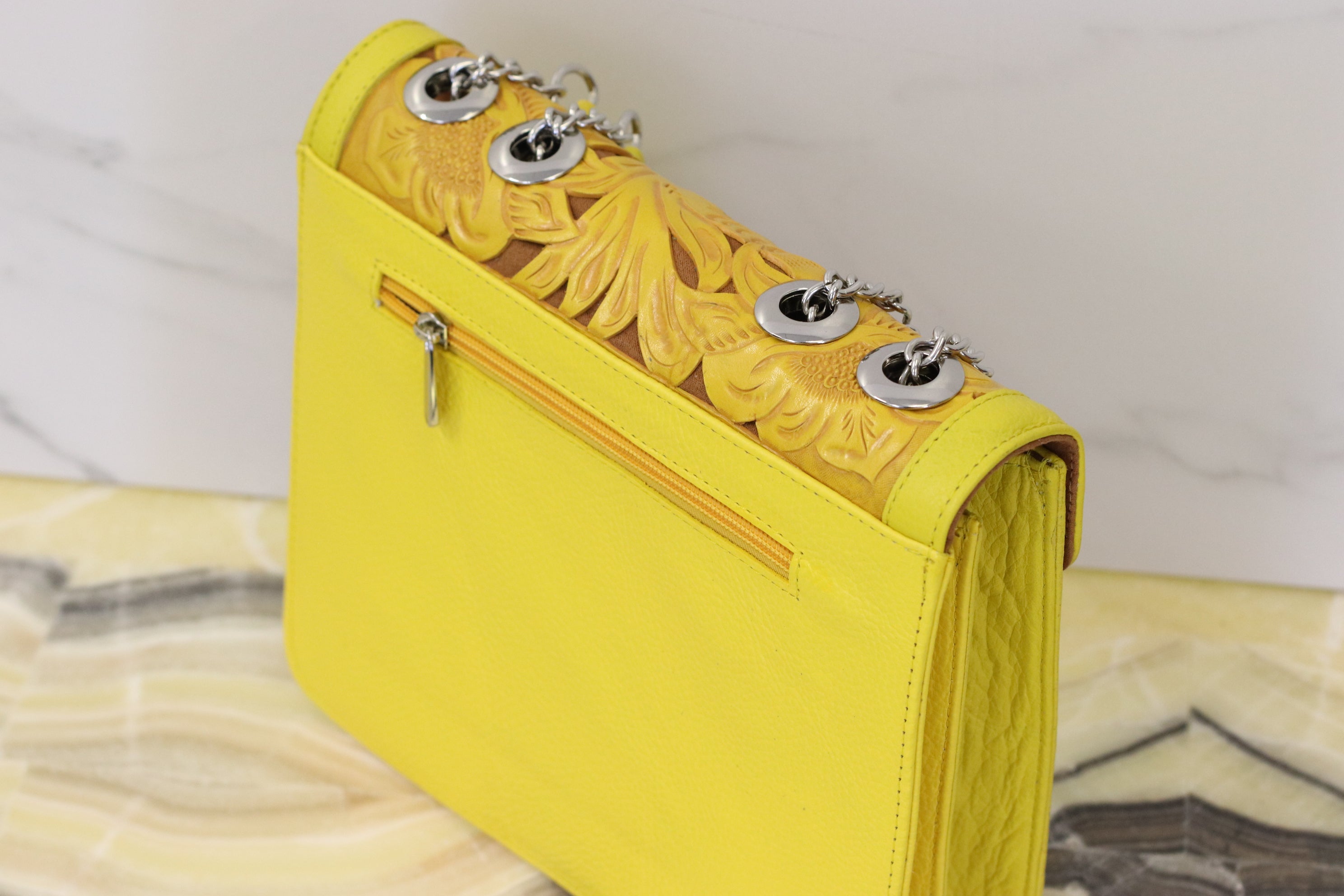 Yellow Hand Tooled Mexican Leather Purse with Floral Design Purse Fashion