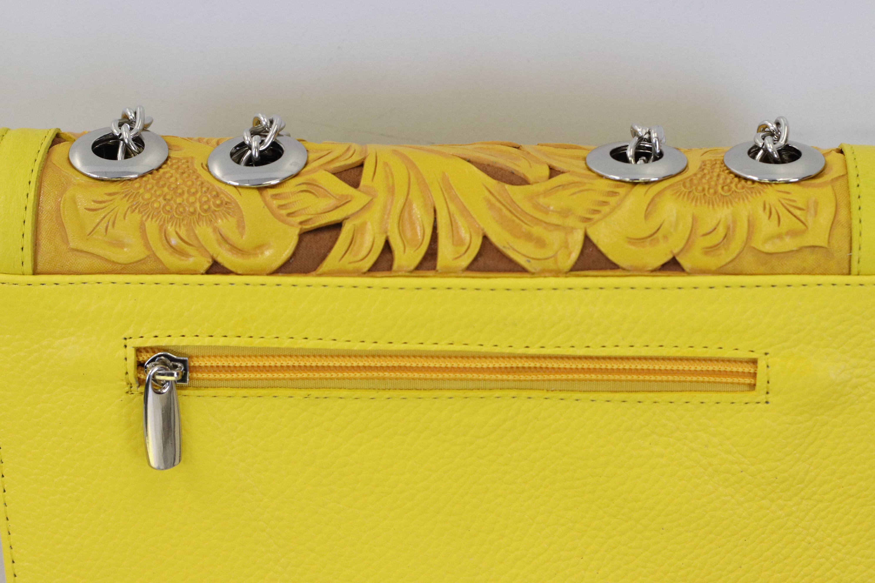 Yellow Hand Tooled Mexican Leather Purse with Floral Design Purse Fashion