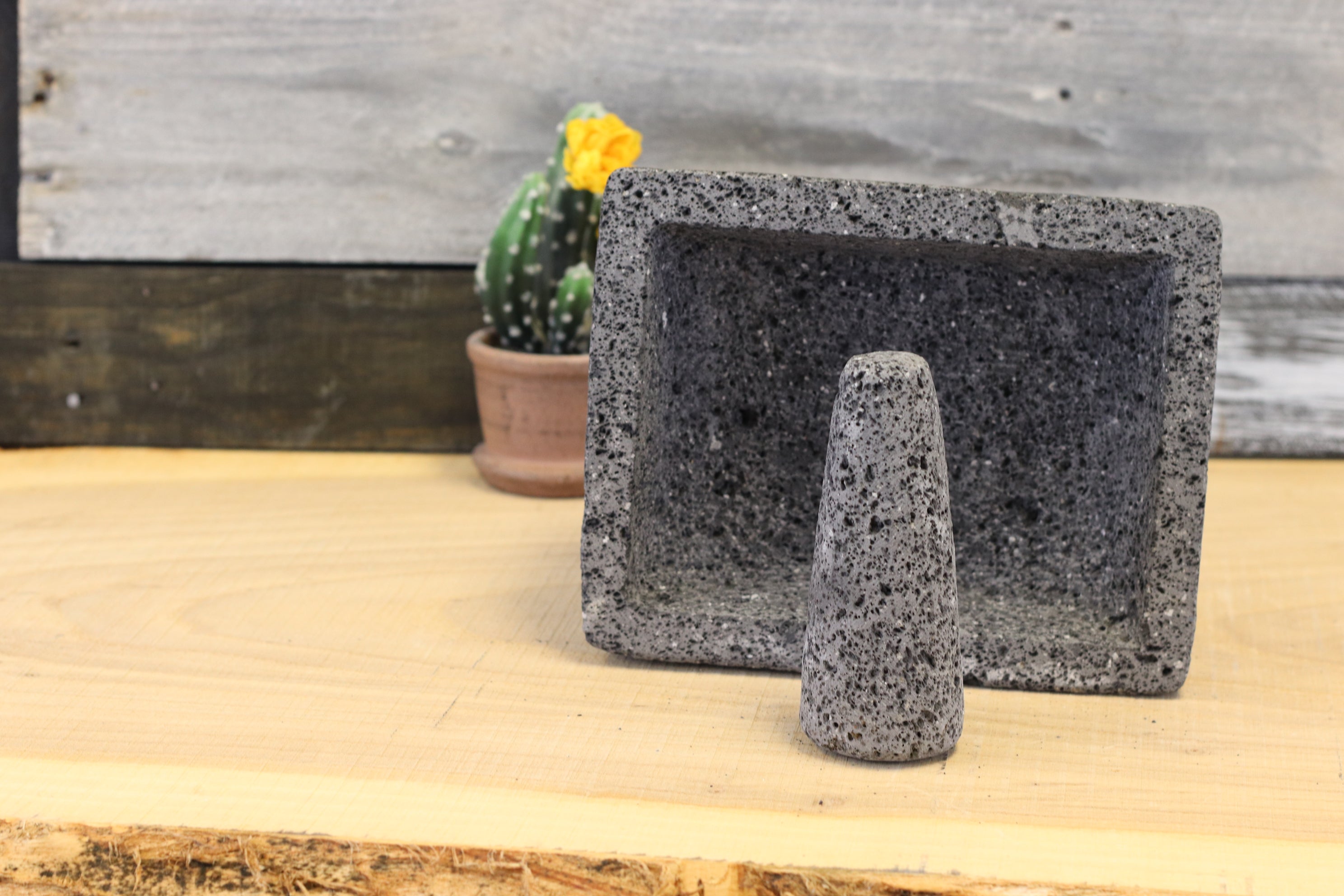 9-inch Rectangular Molcajete made from Volcanic Lava Rock. Handmade in Mexico using traditional techniques. We hand finish, package, and ship from the USA. Buy now at www.felipeandgrace.com.