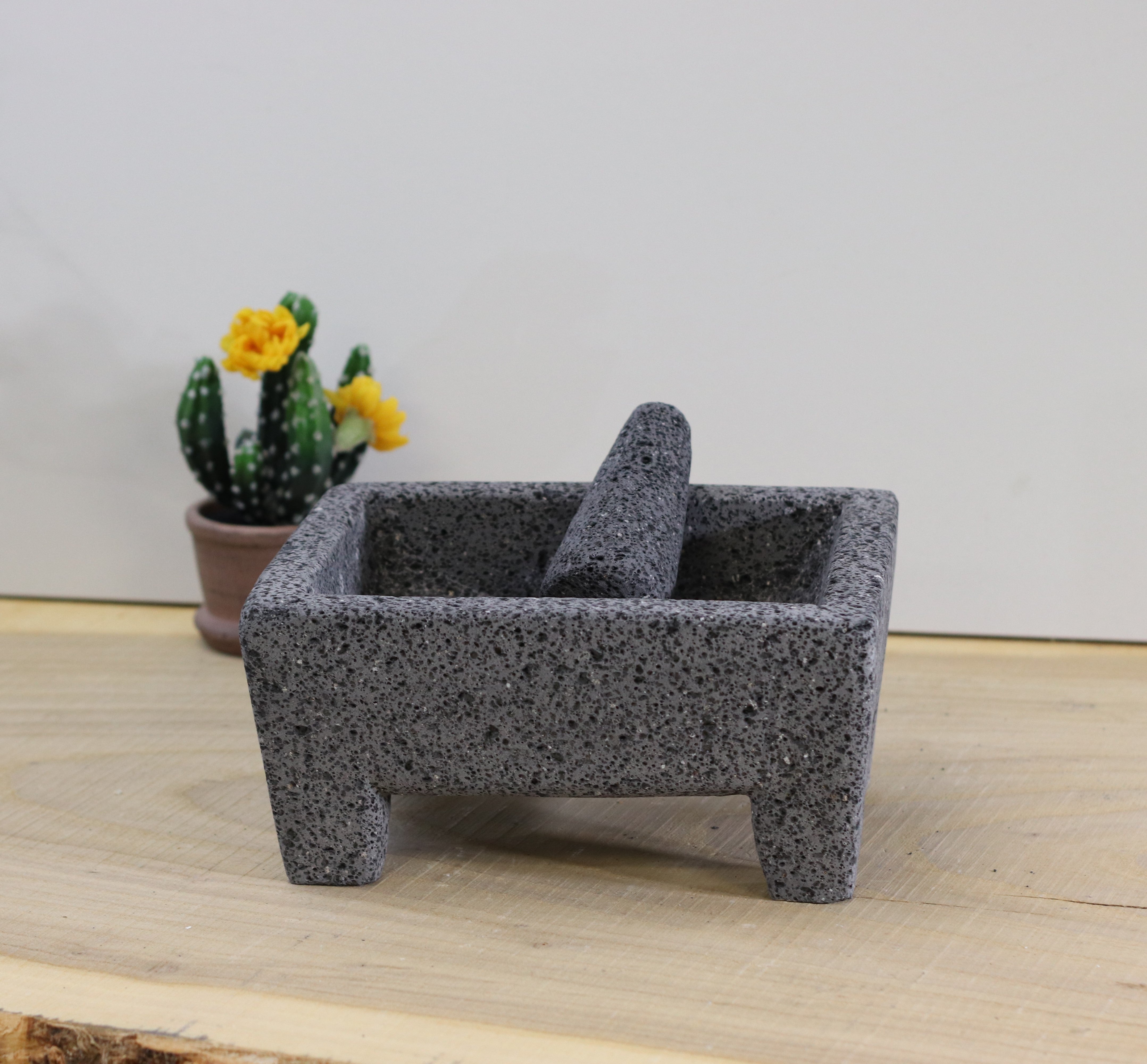 9-inch Rectangular Molcajete made from Volcanic Lava Rock. Handmade in Mexico using traditional techniques. We hand finish, package, and ship from the USA. Buy now at www.felipeandgrace.com.