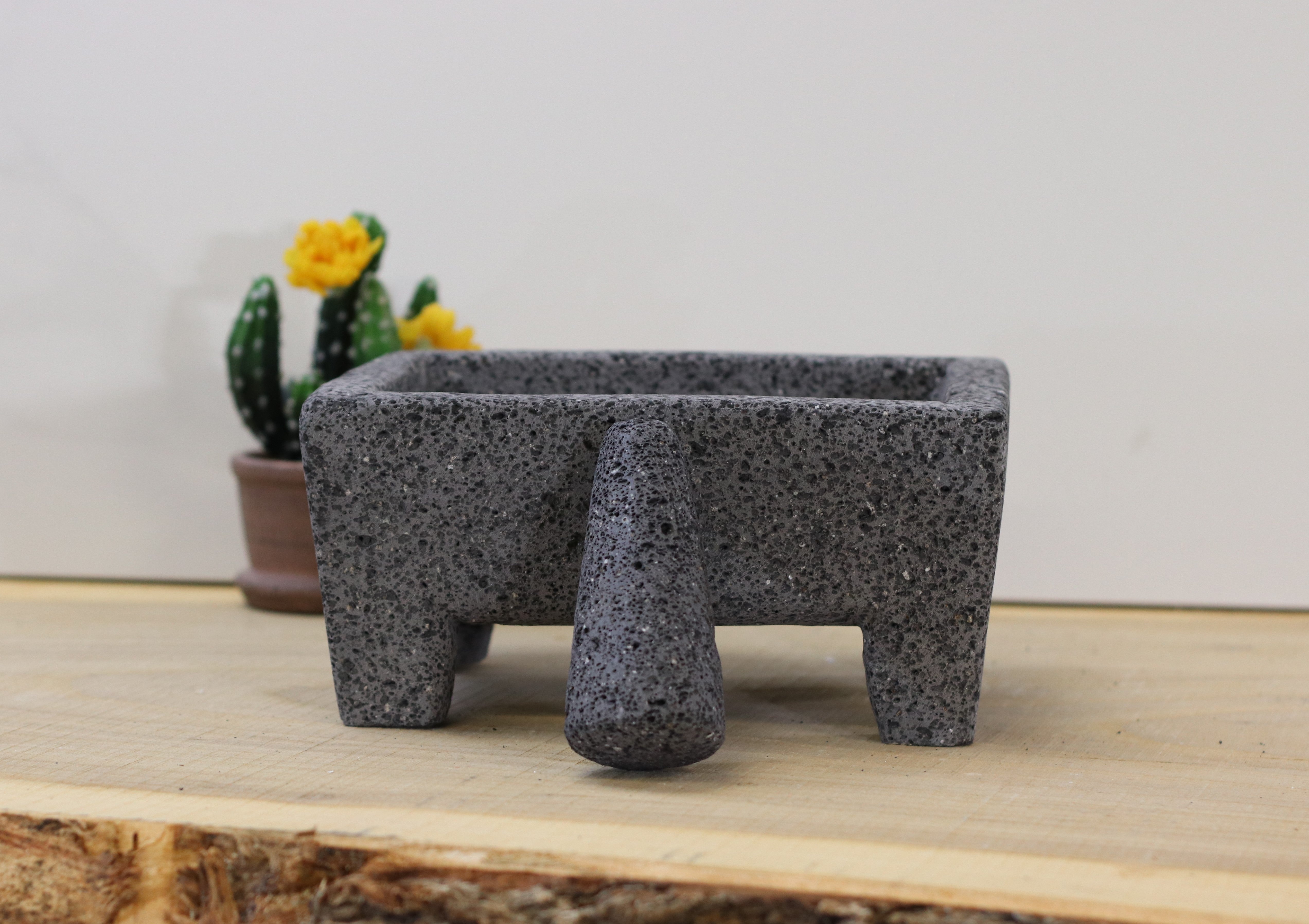 9-inch Rectangular Molcajete made from Volcanic Lava Rock. Handmade in Mexico using traditional techniques. We hand finish, package, and ship from the USA. Buy now at www.felipeandgrace.com.