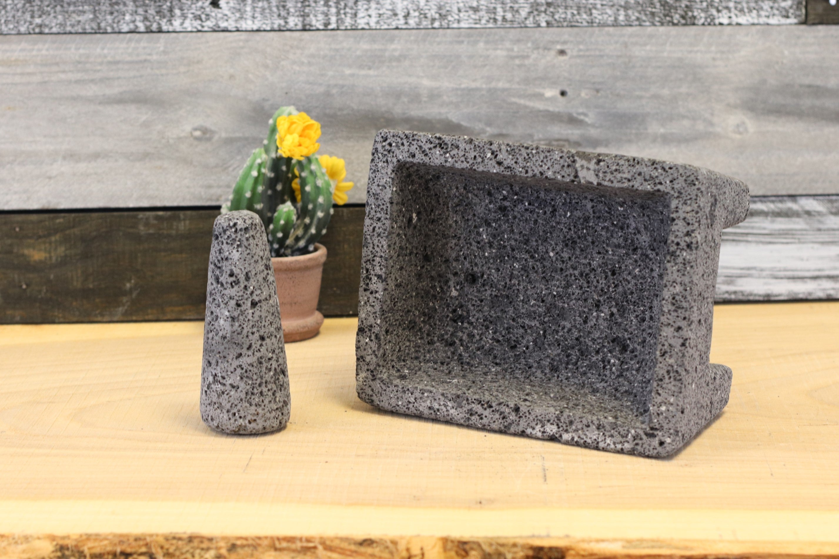9-inch Rectangular Molcajete made from Volcanic Lava Rock. Handmade in Mexico using traditional techniques. We hand finish, package, and ship from the USA. Buy now at www.felipeandgrace.com.