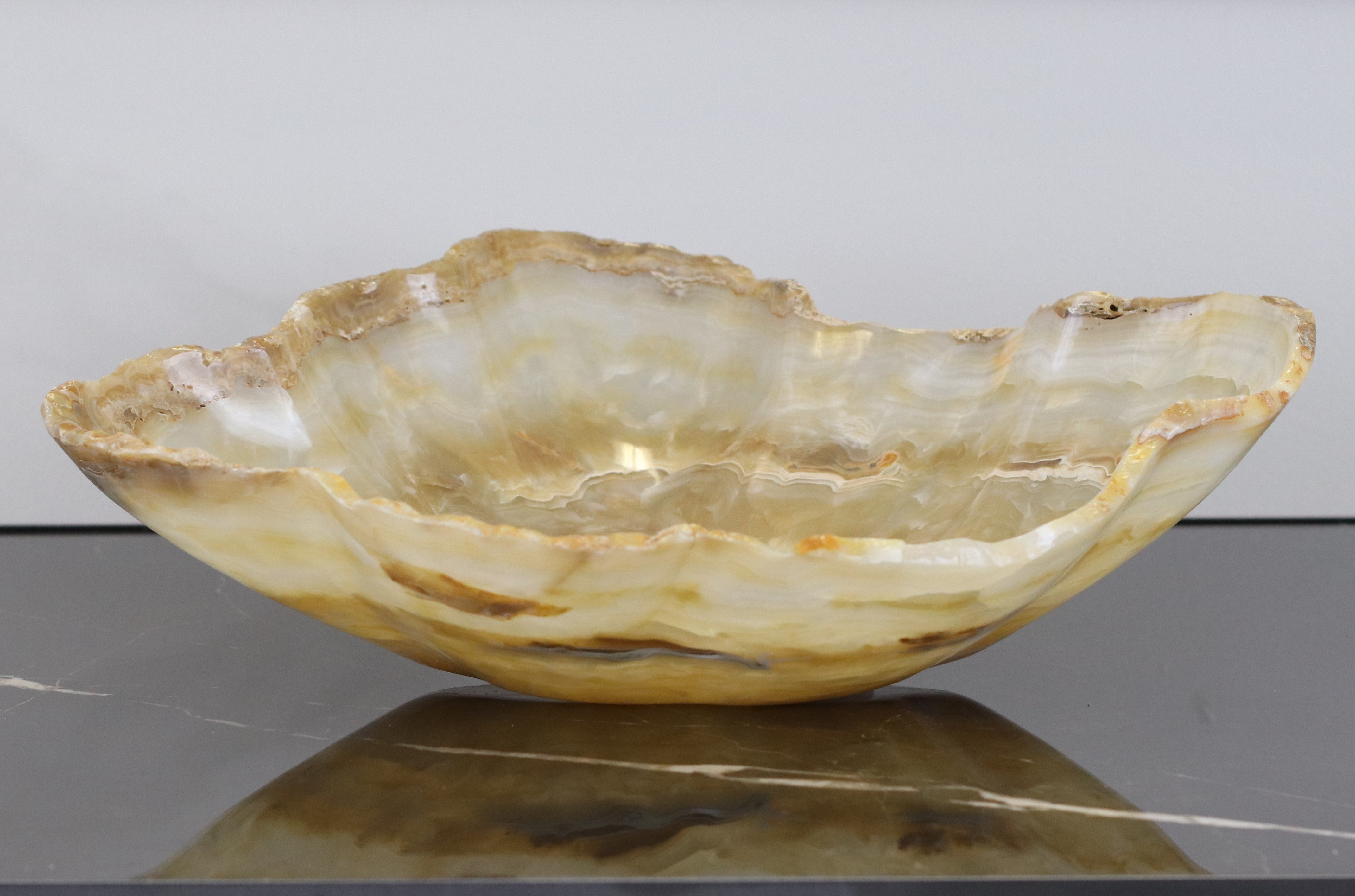 Beige Onyx Stone Bowl. A gorgeous hand carved piece. Handmade in Mexico. We package and ship from the USA. Buy now at www.felipeandgrace.com.
