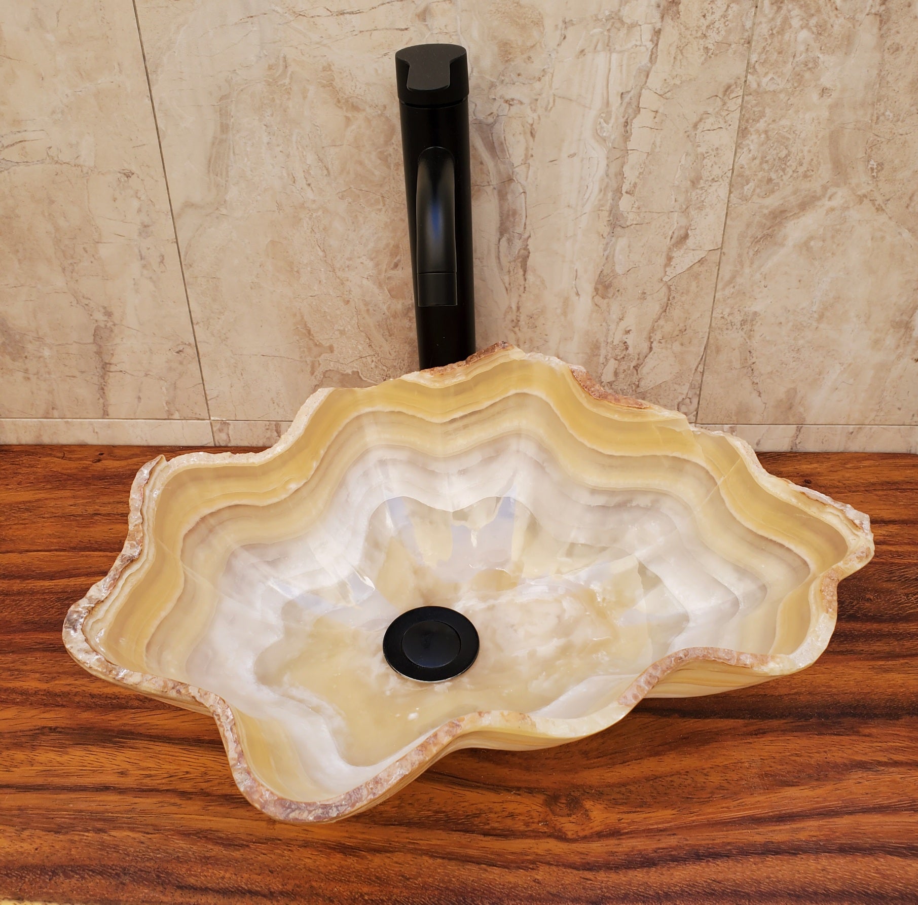 Beige and White Onyx Vessel Sink- Oyster Shell Shaped Onyx Sinks Featured Onyx Sinks Sinks