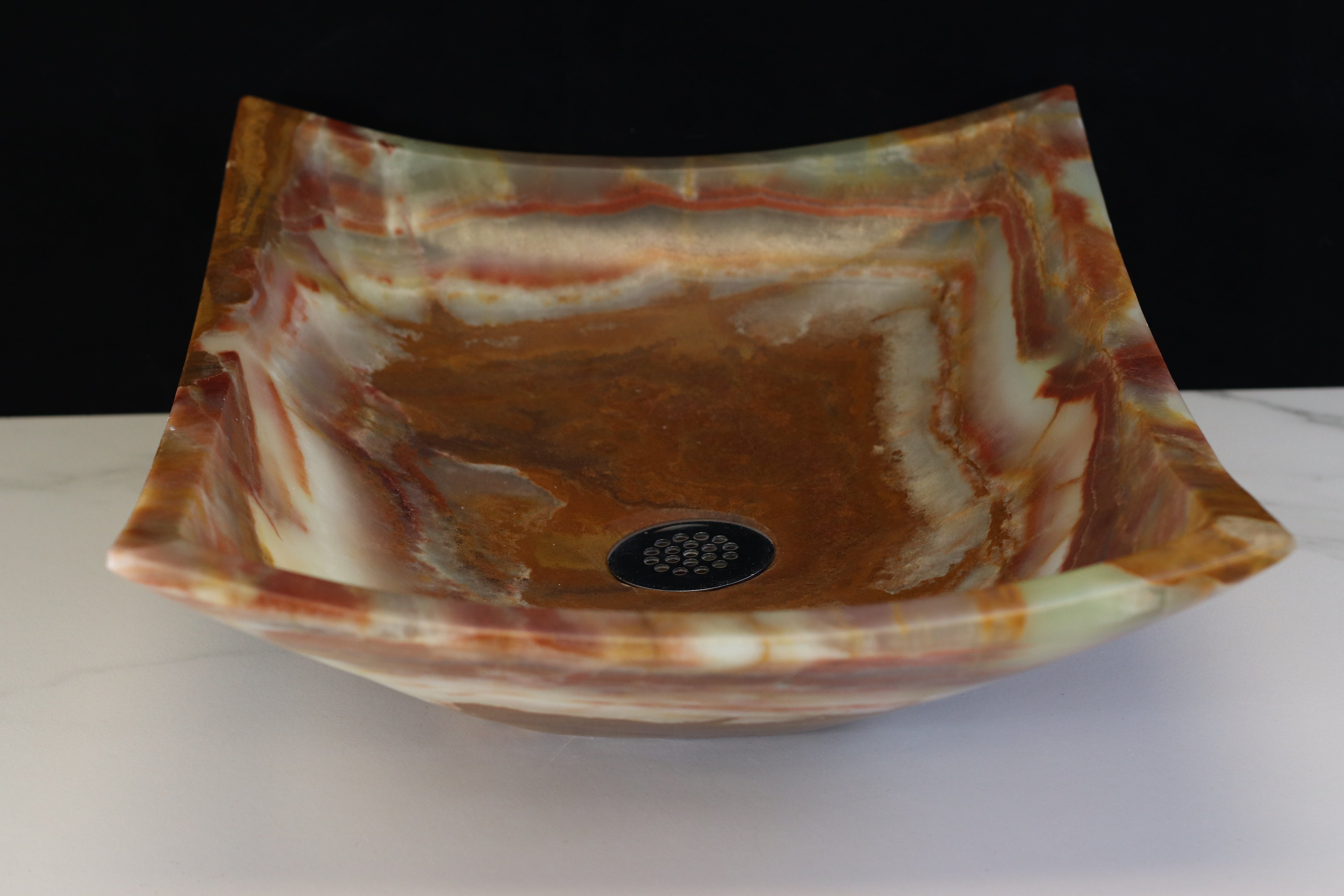 S9_08 Brown and Green Onyx Vessel Bathroom Sink - Rectangle