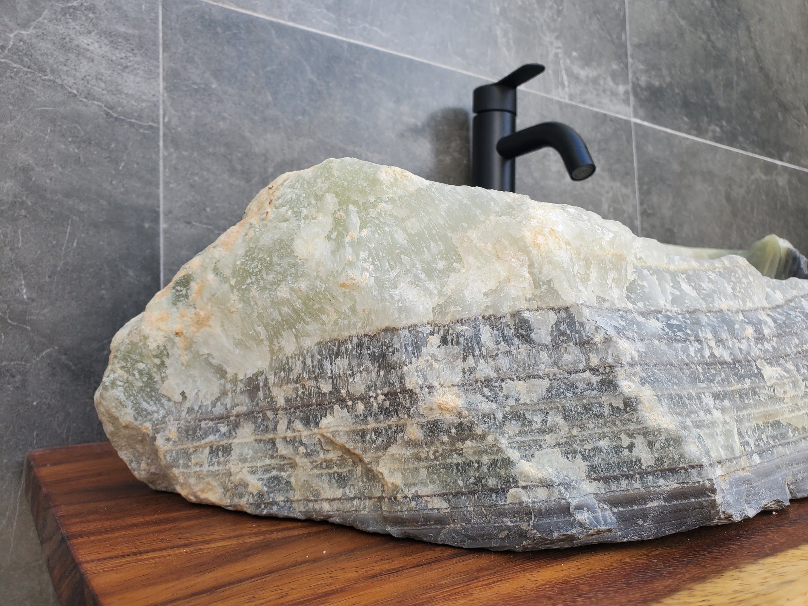 Green Gray Onyx Stone Vessel Sink. Handmade in Mexico. Hand Finished in the USA. Ships from the USA. A beautiful work of art. Buy now at www.felipeandgrace.com.
