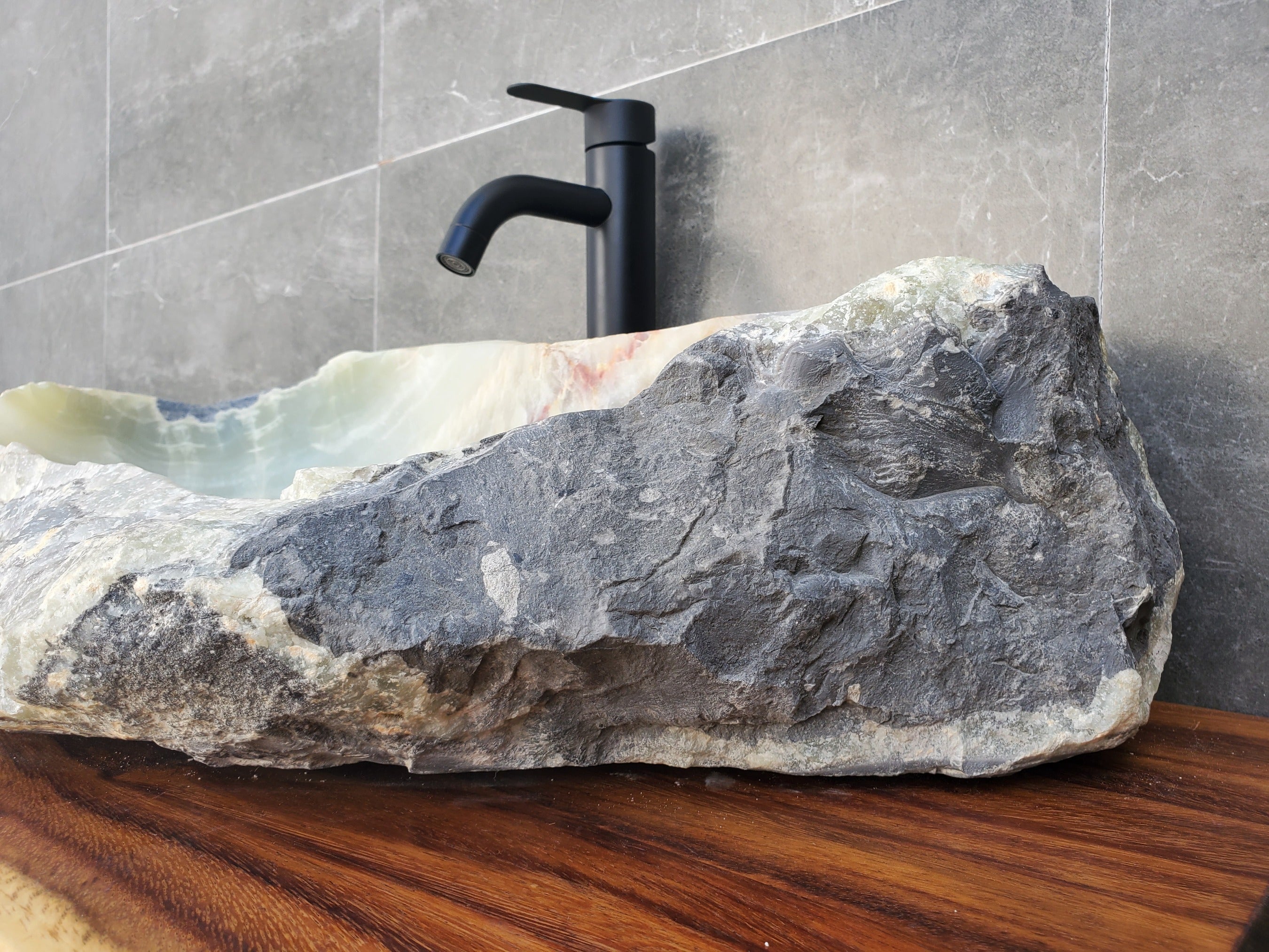 Green Gray Onyx Stone Vessel Sink. Handmade in Mexico. Hand Finished in the USA. Ships from the USA. A beautiful work of art. Buy now at www.felipeandgrace.com.