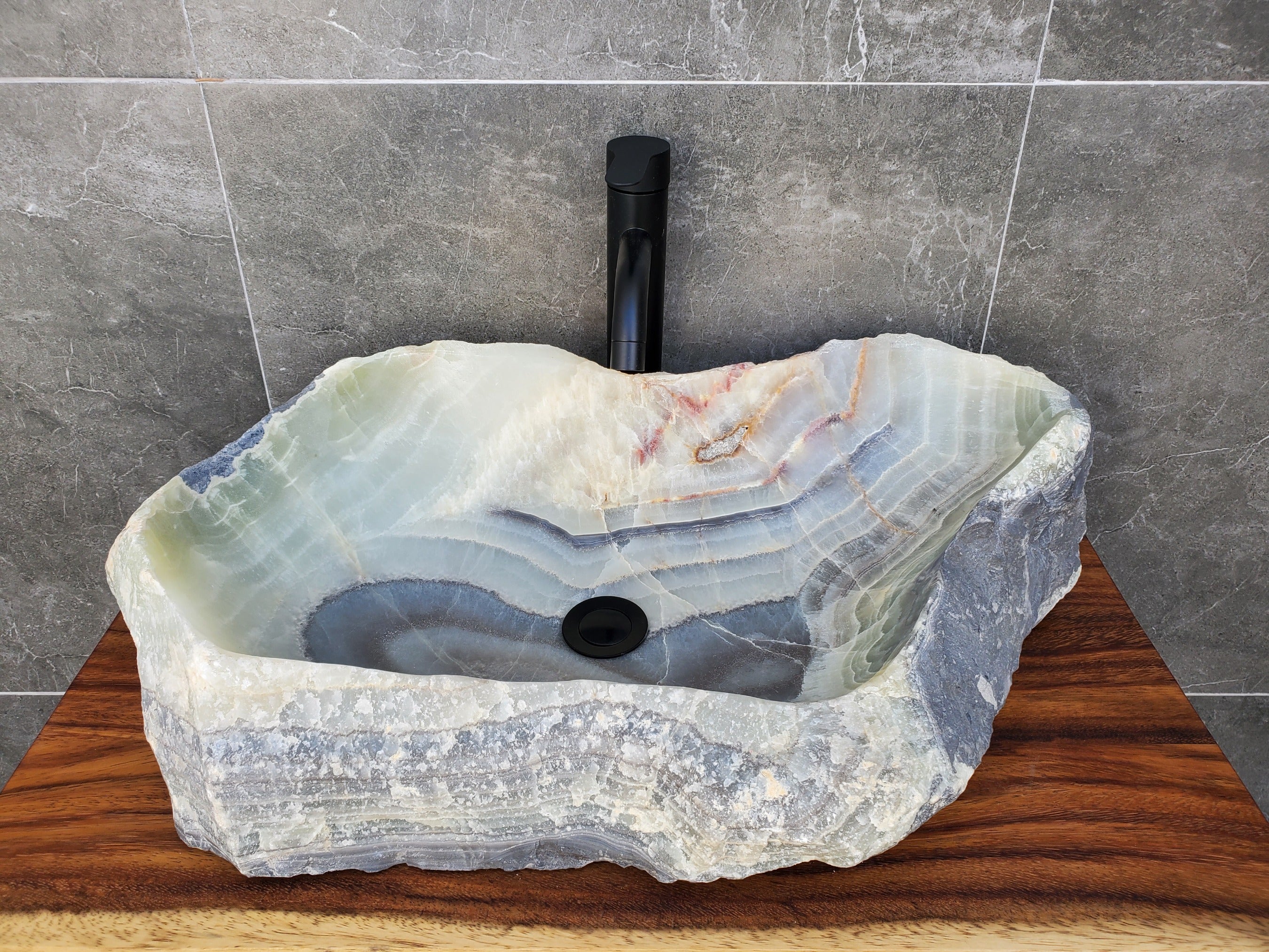Green Gray Onyx Stone Vessel Sink. Handmade in Mexico. Hand Finished in the USA. Ships from the USA. A beautiful work of art. Buy now at www.felipeandgrace.com.