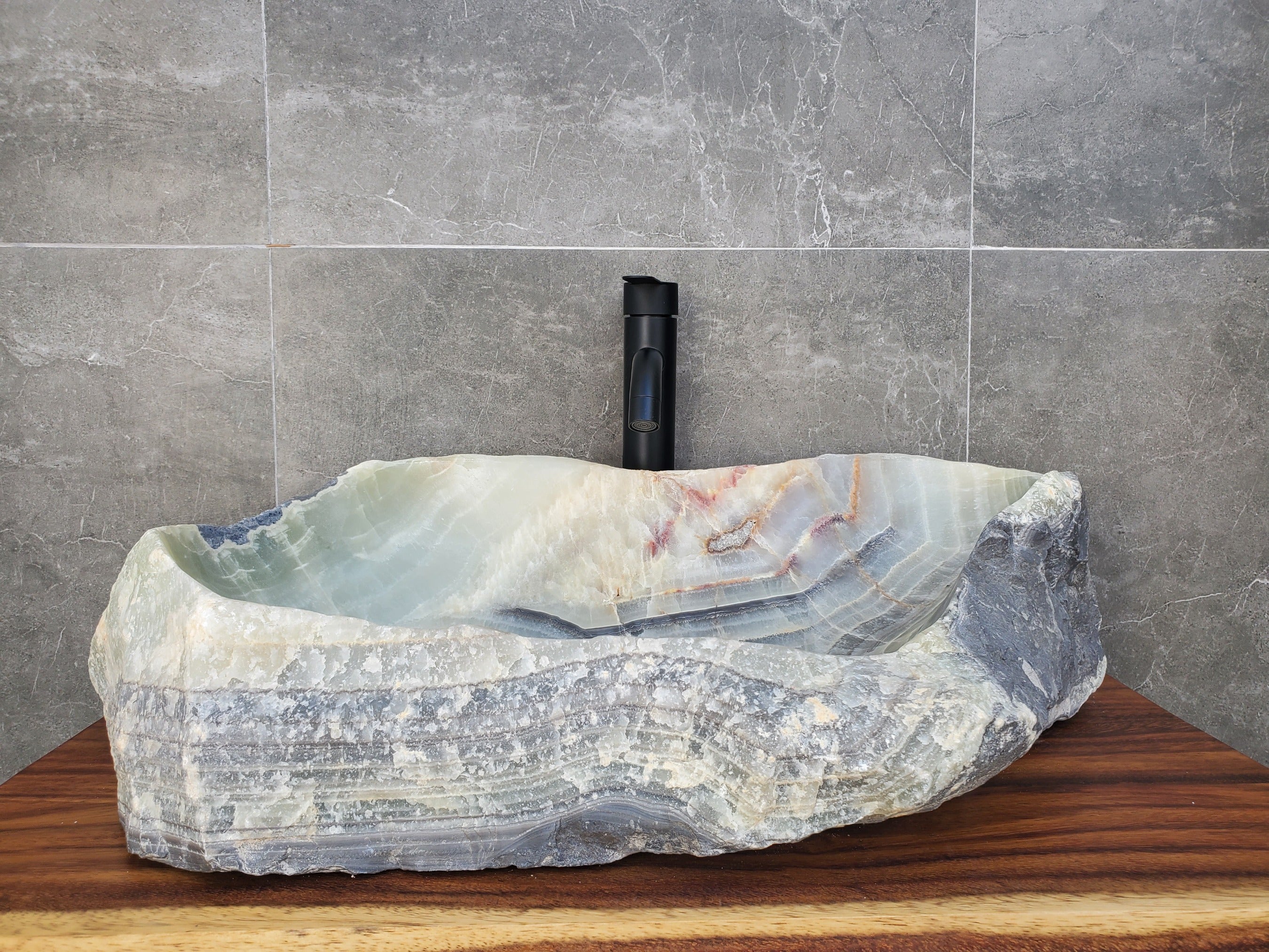 Green Gray Onyx Stone Vessel Sink. Handmade in Mexico. Hand Finished in the USA. Ships from the USA. A beautiful work of art. Buy now at www.felipeandgrace.com.