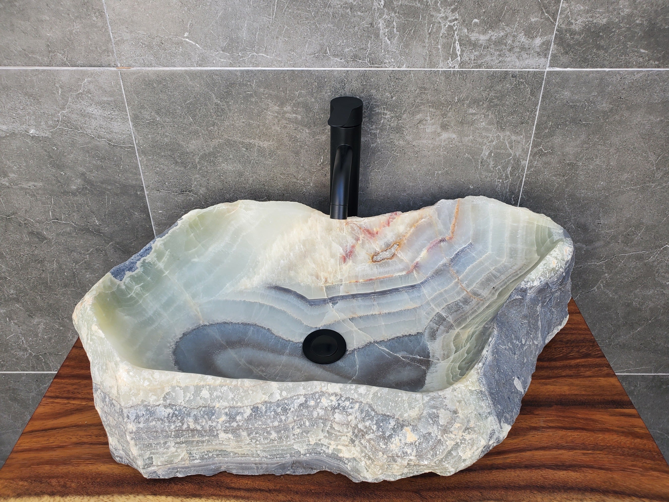 Green Gray Onyx Stone Vessel Sink. Handmade in Mexico. Hand Finished in the USA. Ships from the USA. A beautiful work of art. Buy now at www.felipeandgrace.com.