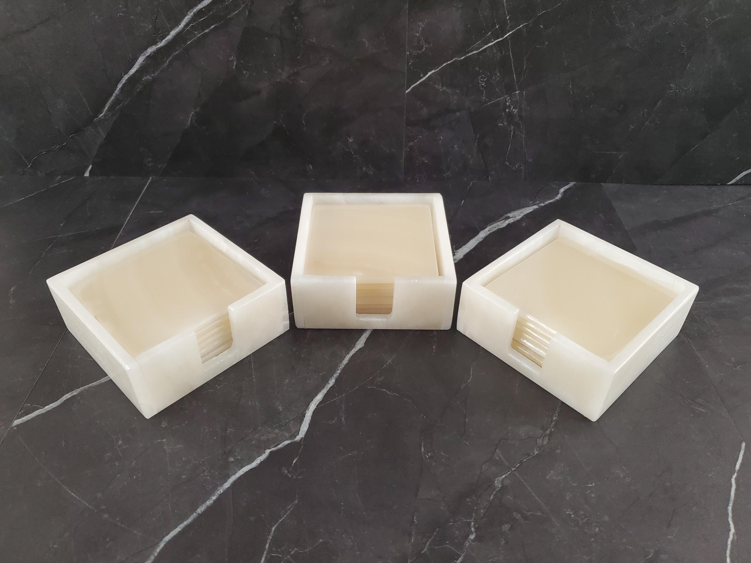 Onyx Square Drink Coasters, Stone Set of 6 with Holder, Living Room and Patio Decor