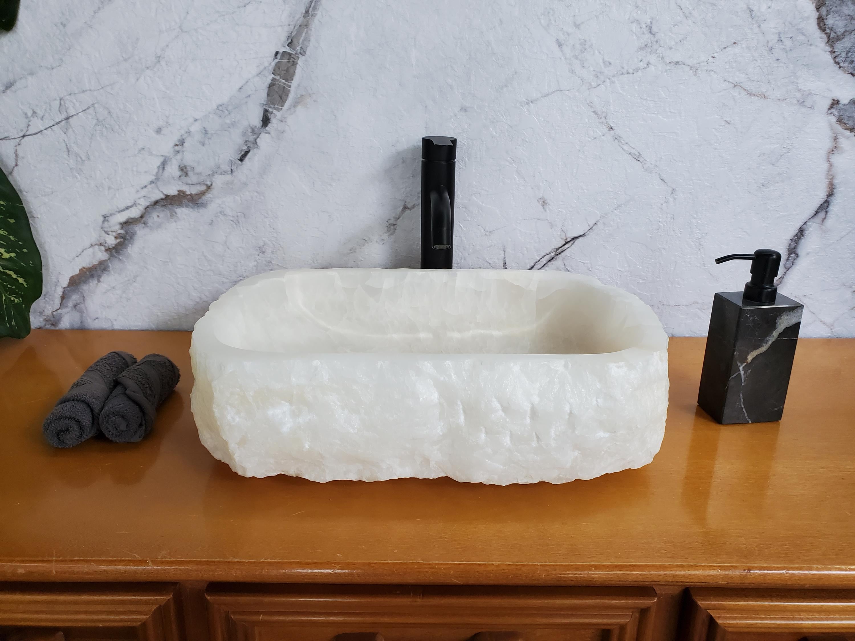 White Onyx Marble Vessel Sink – Natural Stone Countertop Sink, Polished Vanity Basin, Luxury Spa Bathroom Decor 18x13 Inch