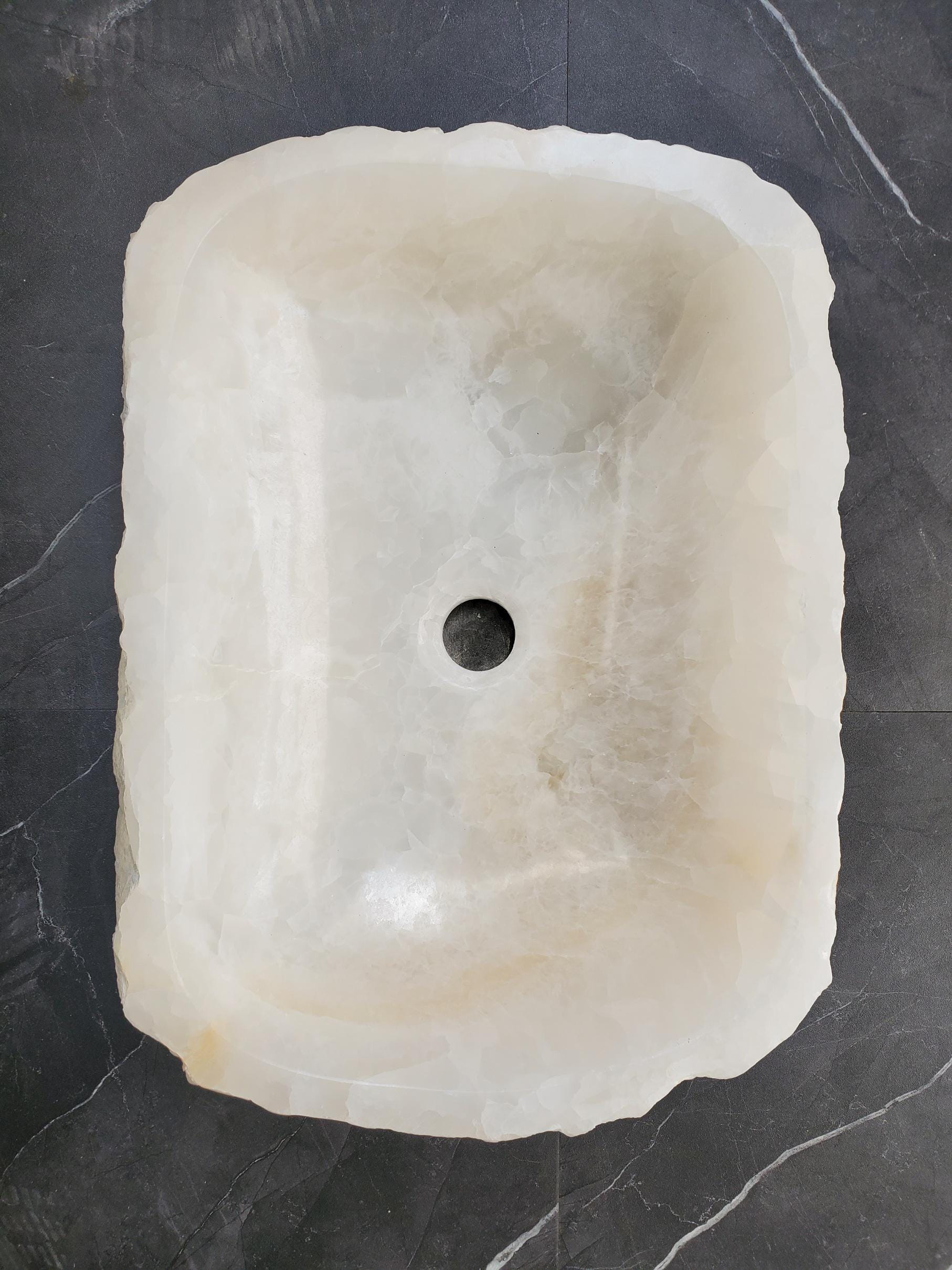 White Onyx Marble Vessel Sink – Natural Stone Countertop Sink, Polished Vanity Basin, Luxury Spa Bathroom Decor 18x13 Inch