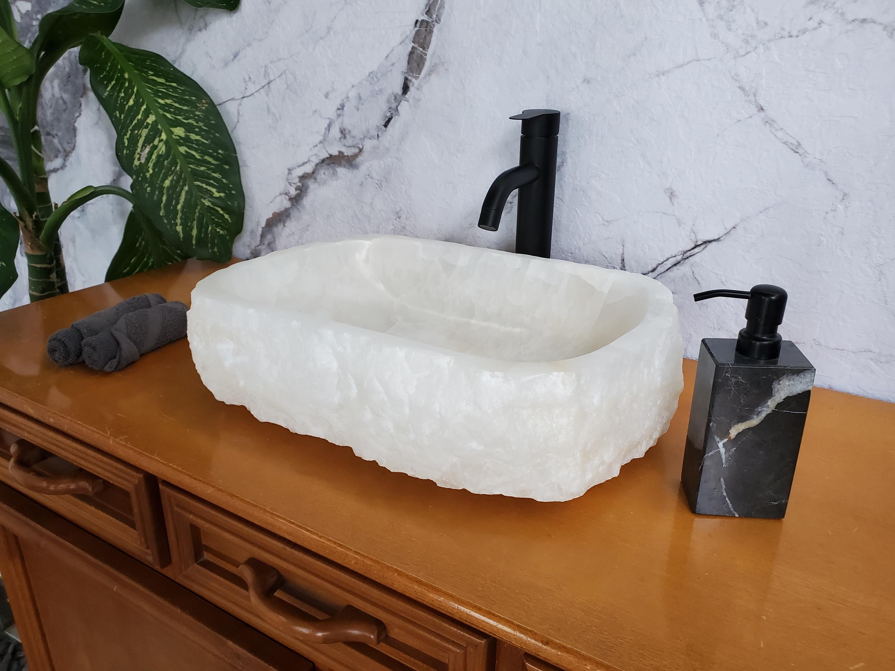 White Onyx Marble Vessel Sink – Natural Stone Countertop Sink, Polished Vanity Basin, Luxury Spa Bathroom Decor 18x13 Inch