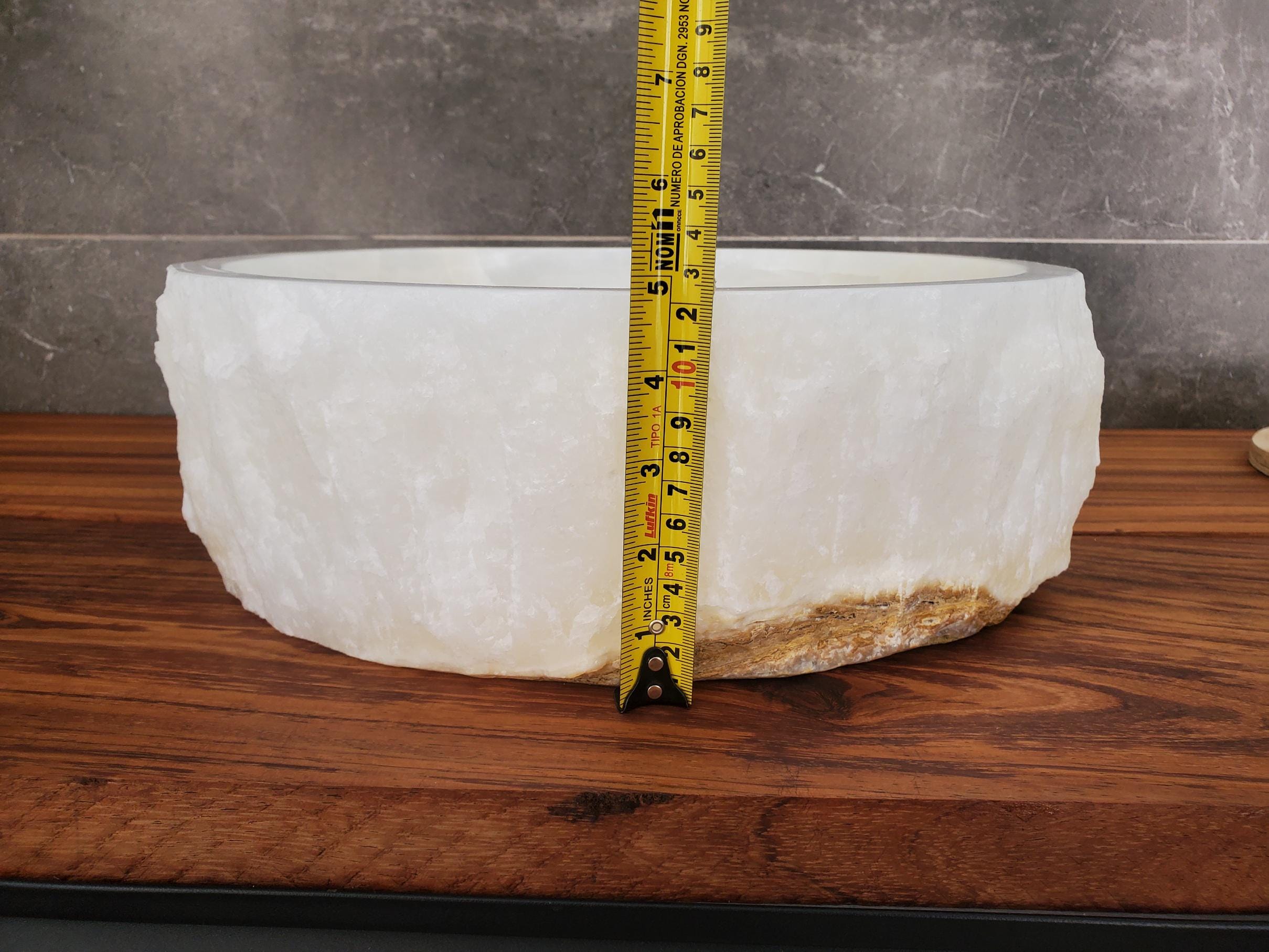 White Onyx Vessel Sink, Natural Stone Vanity Basin, Polished Bathroom Countertop Sink, Spa Decor 15x15 Inch Above Counter sink Bathroom Décor beige tan taupe hand basin bowl handmade powder room Home design trends luxury bathroom Marble Onix Rock modern contemporary natural stone sink plumbing fixture Rectangle Vessel Tan Rustic Onyx Vessel Sinks Translucent Polish