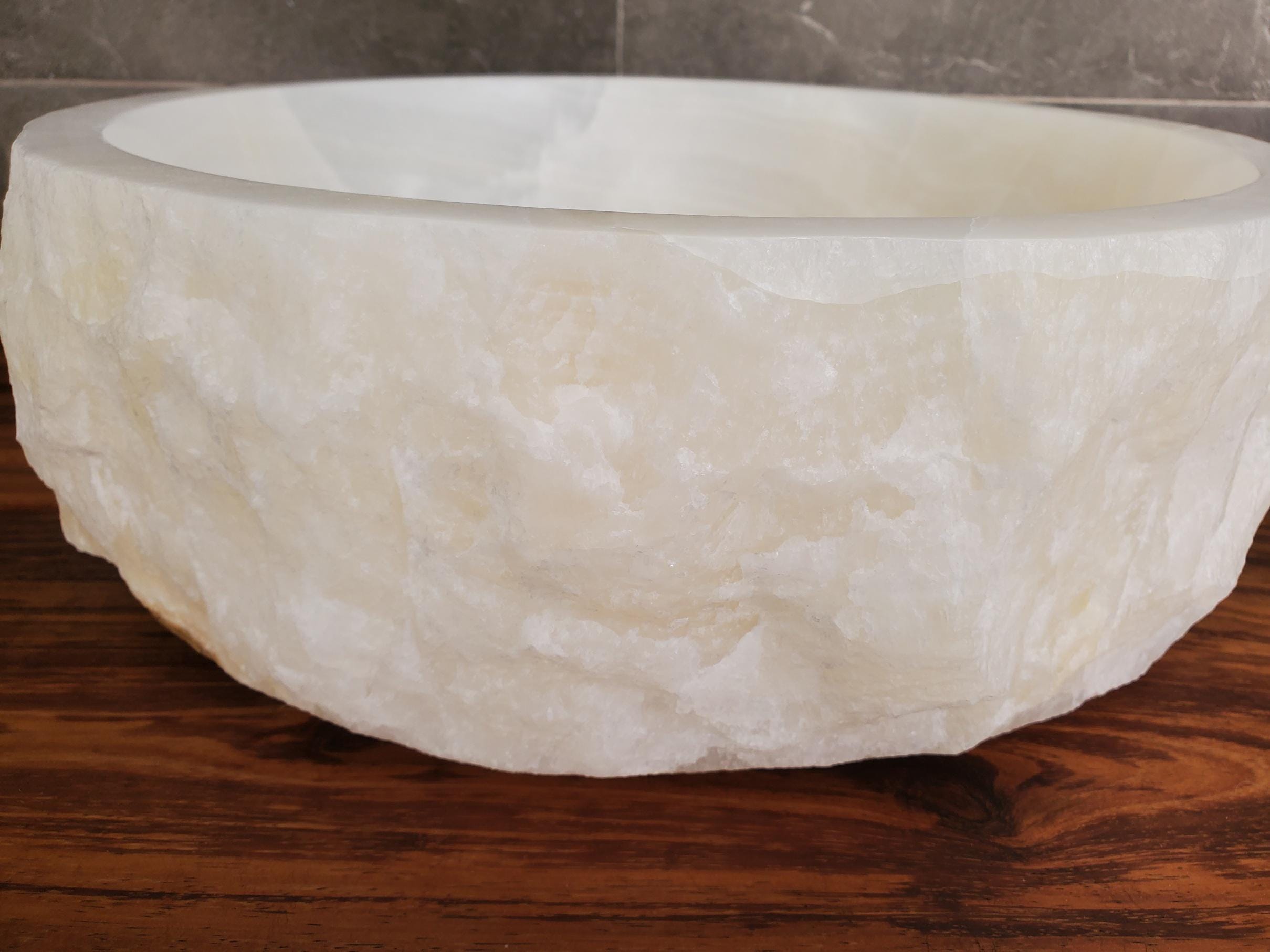 White Onyx Vessel Sink, Natural Stone Vanity Basin, Polished Bathroom Countertop Sink, Spa Decor 15x15 Inch Above Counter sink Bathroom Décor beige tan taupe hand basin bowl handmade powder room Home design trends luxury bathroom Marble Onix Rock modern contemporary natural stone sink plumbing fixture Rectangle Vessel Tan Rustic Onyx Vessel Sinks Translucent Polish