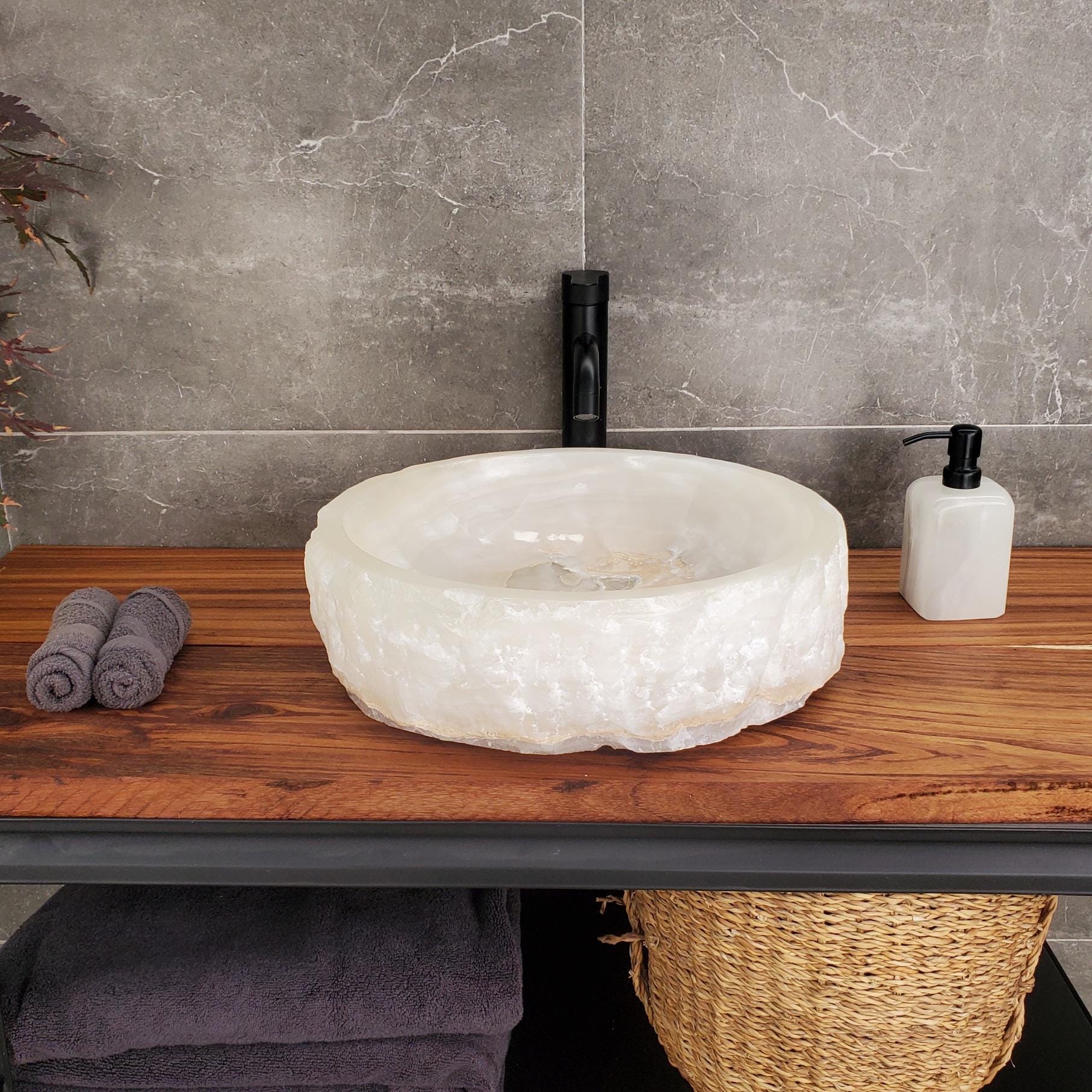 White Onyx Vessel Sink, 16x16 Inch Natural Stone Countertop Basin, Polished Luxury Vanity Sink, Spa Bathroom Decor Above Counter sink Bathroom Décor beige tan taupe hand basin bowl handmade powder room Home design trends luxury bathroom Marble Onix Rock modern contemporary natural stone sink plumbing fixture Rectangle Vessel Tan Rustic Onyx Vessel Sinks Translucent Polish