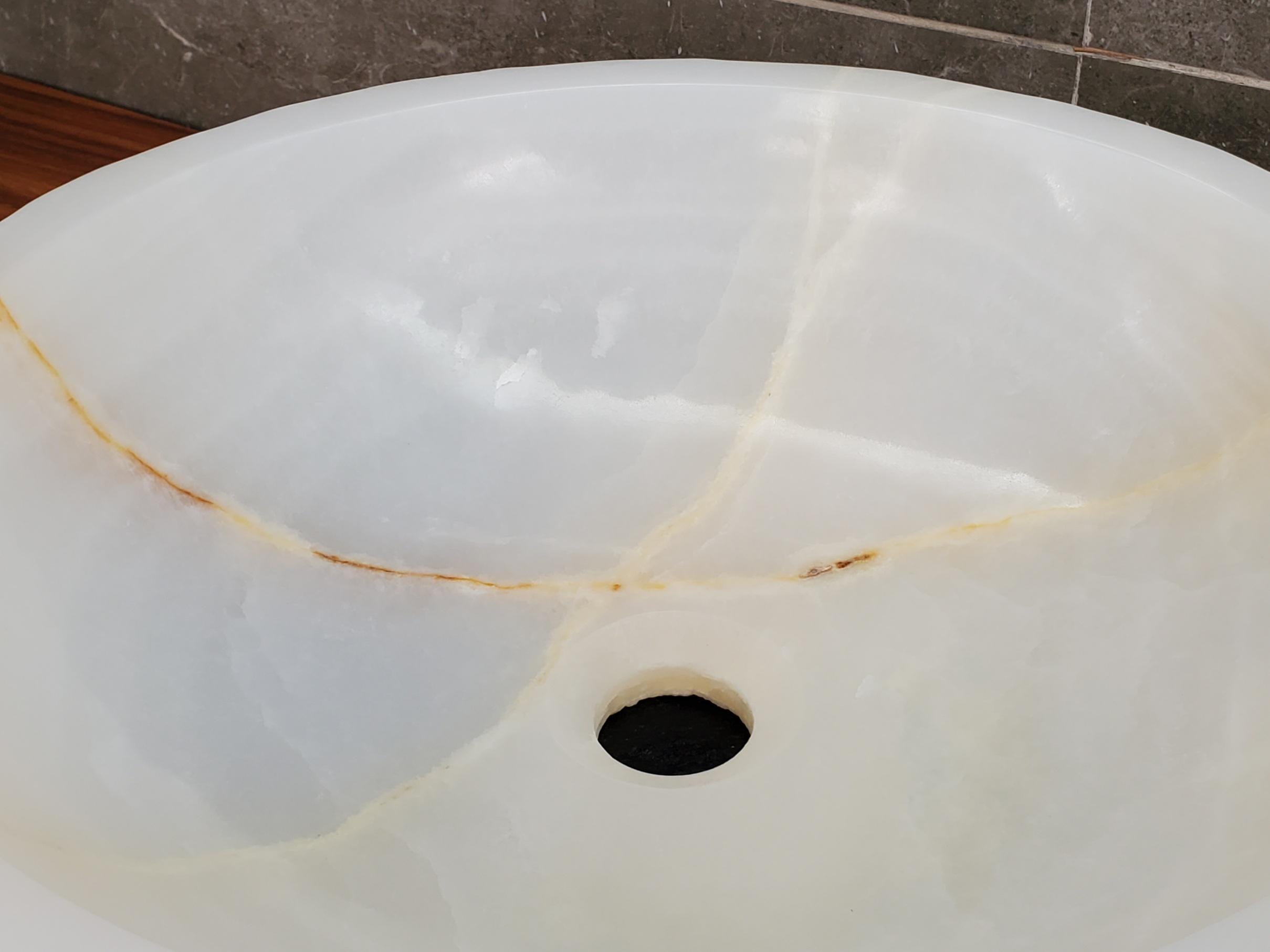 White Onyx Vessel Sink | Natural Stone Bathroom Sink | Live Edge Vanity Basin | Luxury Bathroom Sink | Handmade Onyx Sink 16x16 Inch Above Counter sink Bathroom Décor beige tan taupe hand basin bowl handmade powder room Home design trends luxury bathroom Marble Onix Rock modern contemporary natural stone sink plumbing fixture Rectangle Vessel Tan Rustic Onyx Vessel Sinks Translucent Polish