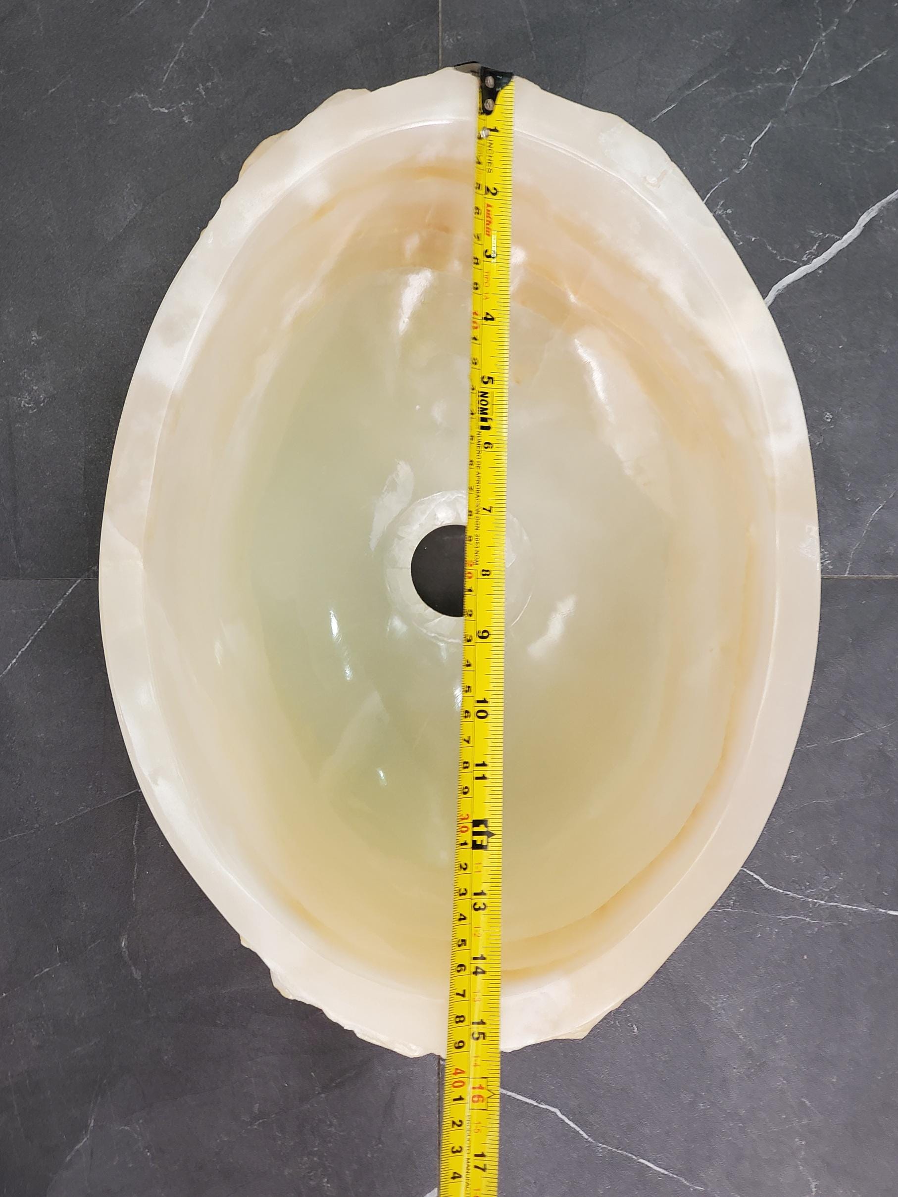 Cream White Onyx Marble Vessel Sink, Natural Stone Vanity Basin, Polished Bathroom Countertop Sink, Spa Decor 15.5x11.5 Inch Above Counter sink Bathroom Décor beige tan taupe hand basin bowl handmade powder room Home design trends luxury bathroom Marble Onix Rock modern contemporary natural stone sink plumbing fixture Rectangle Vessel Tan Rustic Onyx Vessel Sinks Translucent Polish
