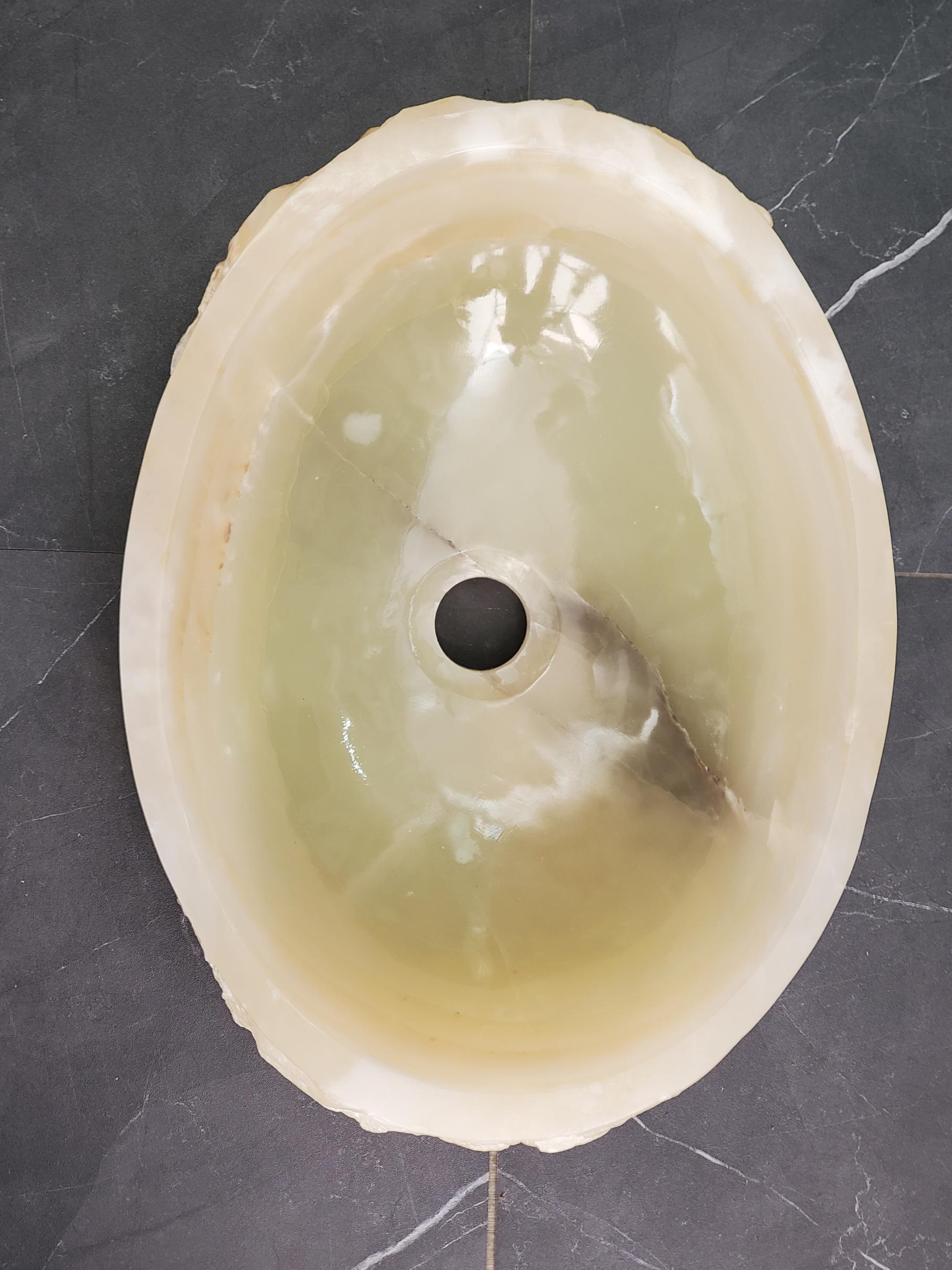 Green Onyx Marble Vessel Sink, Natural Stone Vanity Basin, Polished Bathroom Countertop Sink, Spa Decor 16.5x12.5 Inch Above Counter sink Bathroom Décor beige tan taupe hand basin bowl handmade powder room Home design trends luxury bathroom Marble Onix Rock modern contemporary natural stone sink plumbing fixture Rectangle Vessel Tan Rustic Onyx Vessel Sinks Translucent Polish