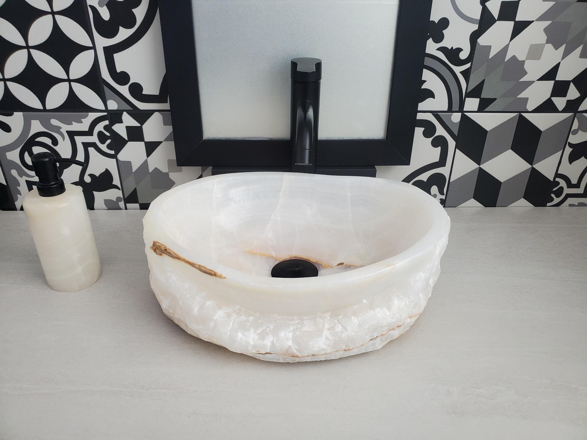 White Onyx Vessel Sink, Natural Stone Vanity Basin, Polished Bathroom Countertop Sink, Spa Decor 15x11.5 Inch Above Counter sink Bathroom Décor beige tan taupe hand basin bowl handmade powder room Home design trends luxury bathroom Marble Onix Rock modern contemporary natural stone sink plumbing fixture Rectangle Vessel Tan Rustic Onyx Vessel Sinks Translucent Polish