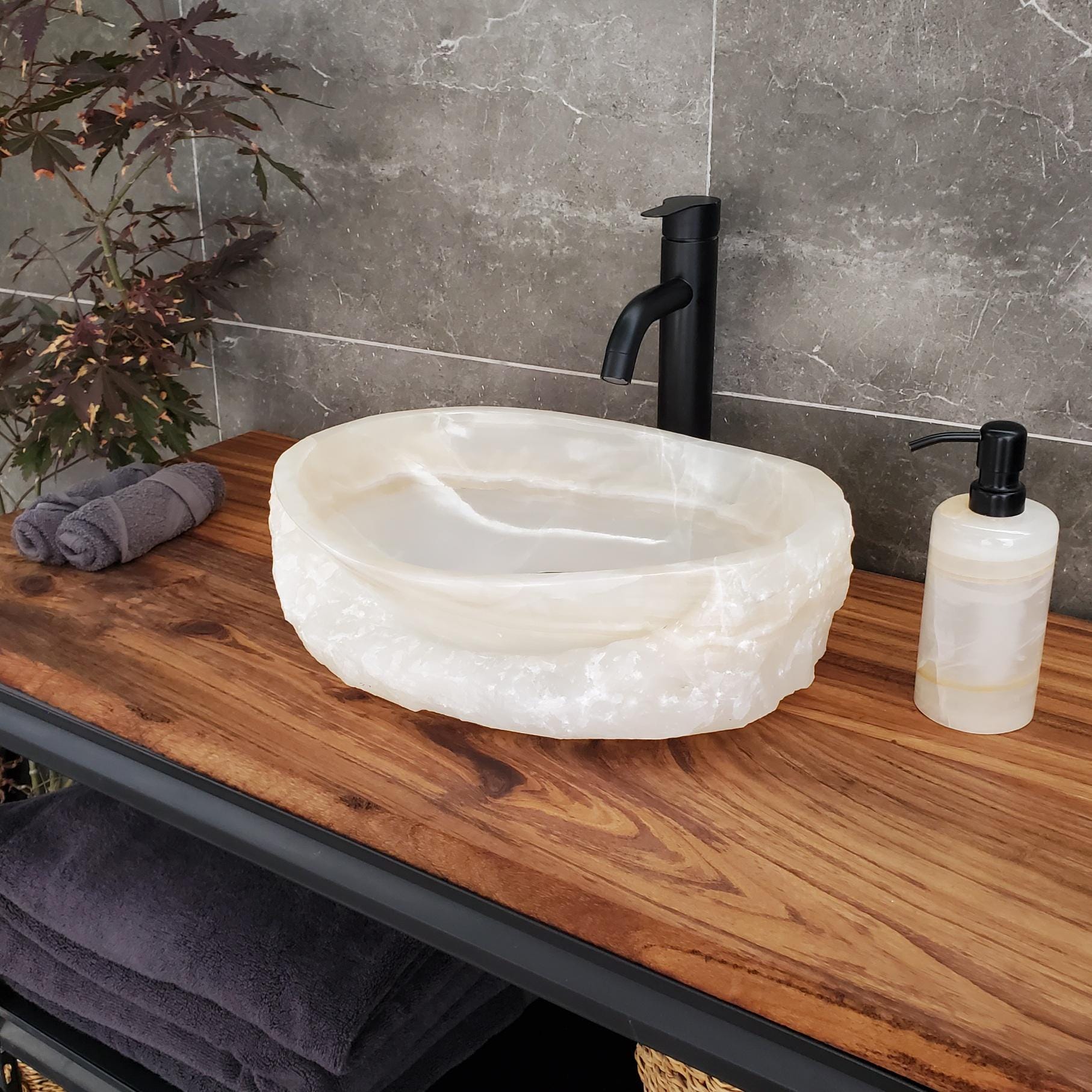 White Onyx Vessel Sink – Oval Natural Stone Countertop Sink, Polished Vanity Basin, Luxury Spa Bathroom Decor 16.5x12.5 Inch Above Counter sink Bathroom Décor beige tan taupe hand basin bowl handmade powder room Home design trends luxury bathroom Marble Onix Rock modern contemporary natural stone sink plumbing fixture Rectangle Vessel Tan Rustic Onyx Vessel Sinks Translucent Polish
