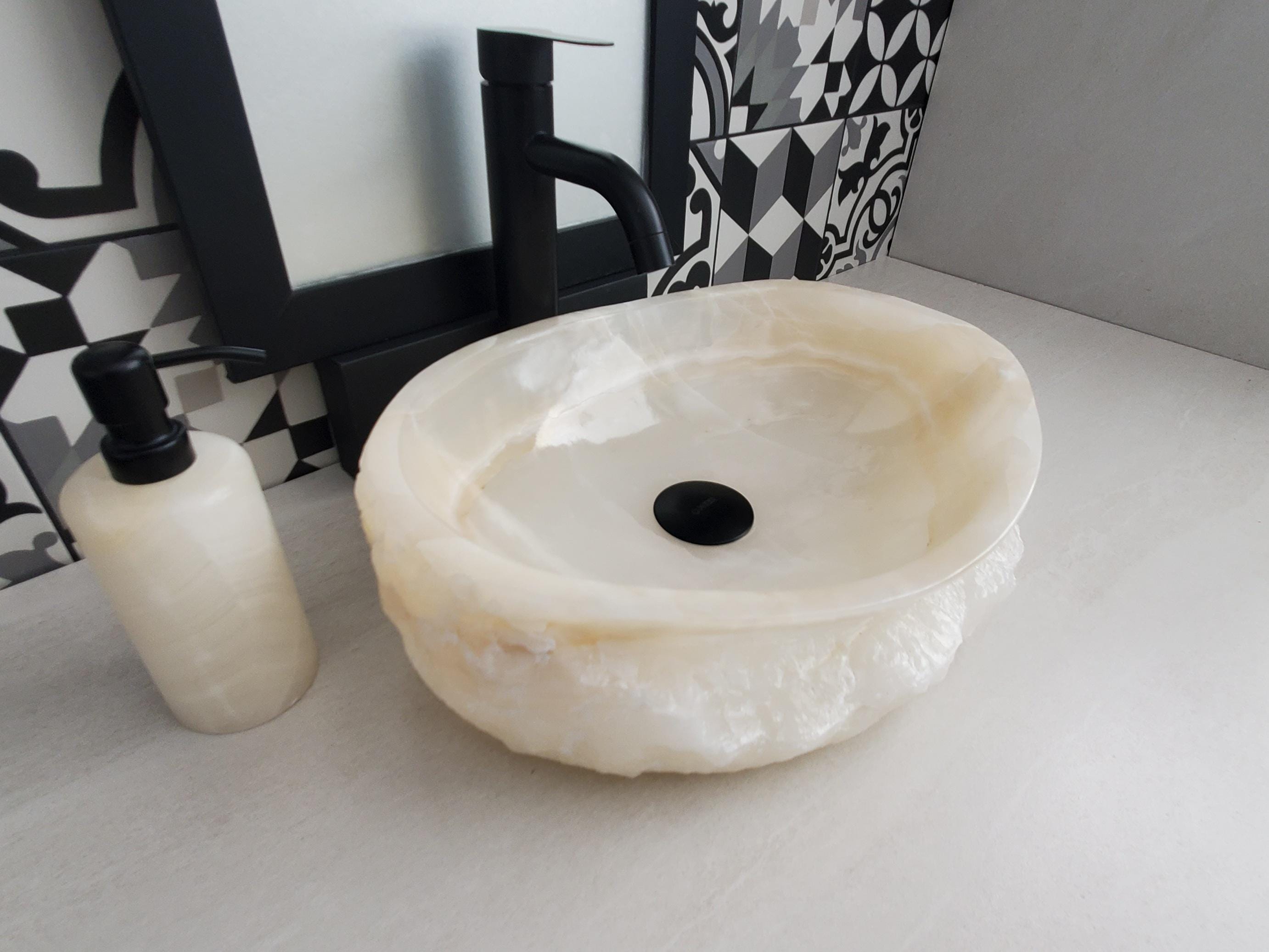 White Onyx Vessel Sink – Oval Natural Stone Countertop Sink, Polished Vanity Basin, Luxury Spa Bathroom Decor 16.5x12.5 Inch Above Counter sink Bathroom Décor beige tan taupe hand basin bowl handmade powder room Home design trends luxury bathroom Marble Onix Rock modern contemporary natural stone sink plumbing fixture Rectangle Vessel Tan Rustic Onyx Vessel Sinks Translucent Polish