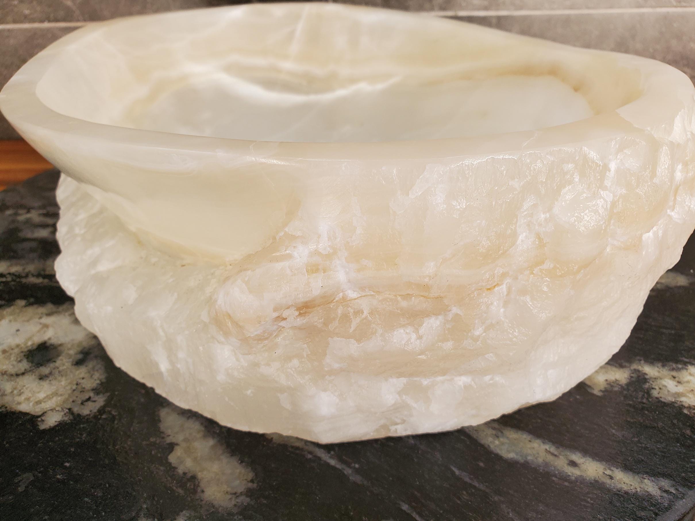 White Onyx Vessel Sink – Oval Natural Stone Countertop Sink, Polished Vanity Basin, Luxury Spa Bathroom Decor 16.5x12.5 Inch Above Counter sink Bathroom Décor beige tan taupe hand basin bowl handmade powder room Home design trends luxury bathroom Marble Onix Rock modern contemporary natural stone sink plumbing fixture Rectangle Vessel Tan Rustic Onyx Vessel Sinks Translucent Polish
