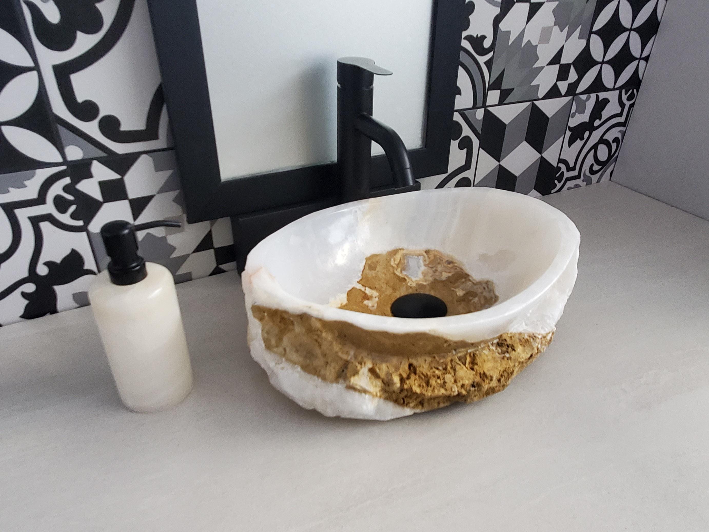 White Onyx Marble Vessel Sink – Oval Natural Stone Countertop Sink, Polished Vanity Basin, Luxury Spa Bathroom Decor 15x11 Inch Above Counter sink Bathroom Décor beige tan taupe hand basin bowl handmade powder room Home design trends luxury bathroom Marble Onix Rock modern contemporary natural stone sink plumbing fixture Rectangle Vessel Tan Rustic Onyx Vessel Sinks Translucent Polish