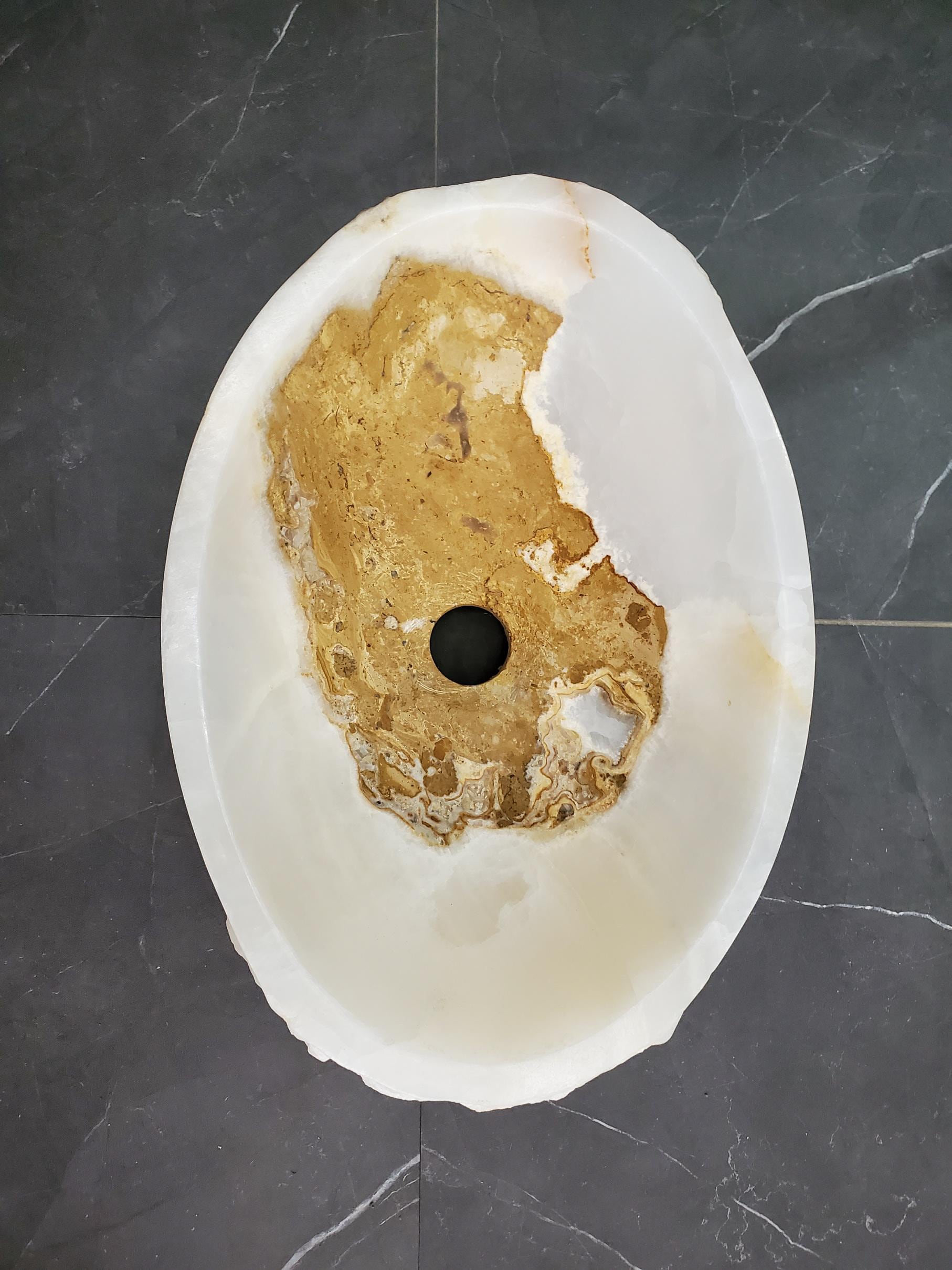 White Onyx Marble Vessel Sink – Oval Natural Stone Countertop Sink, Polished Vanity Basin, Luxury Spa Bathroom Decor 15x11 Inch Above Counter sink Bathroom Décor beige tan taupe hand basin bowl handmade powder room Home design trends luxury bathroom Marble Onix Rock modern contemporary natural stone sink plumbing fixture Rectangle Vessel Tan Rustic Onyx Vessel Sinks Translucent Polish
