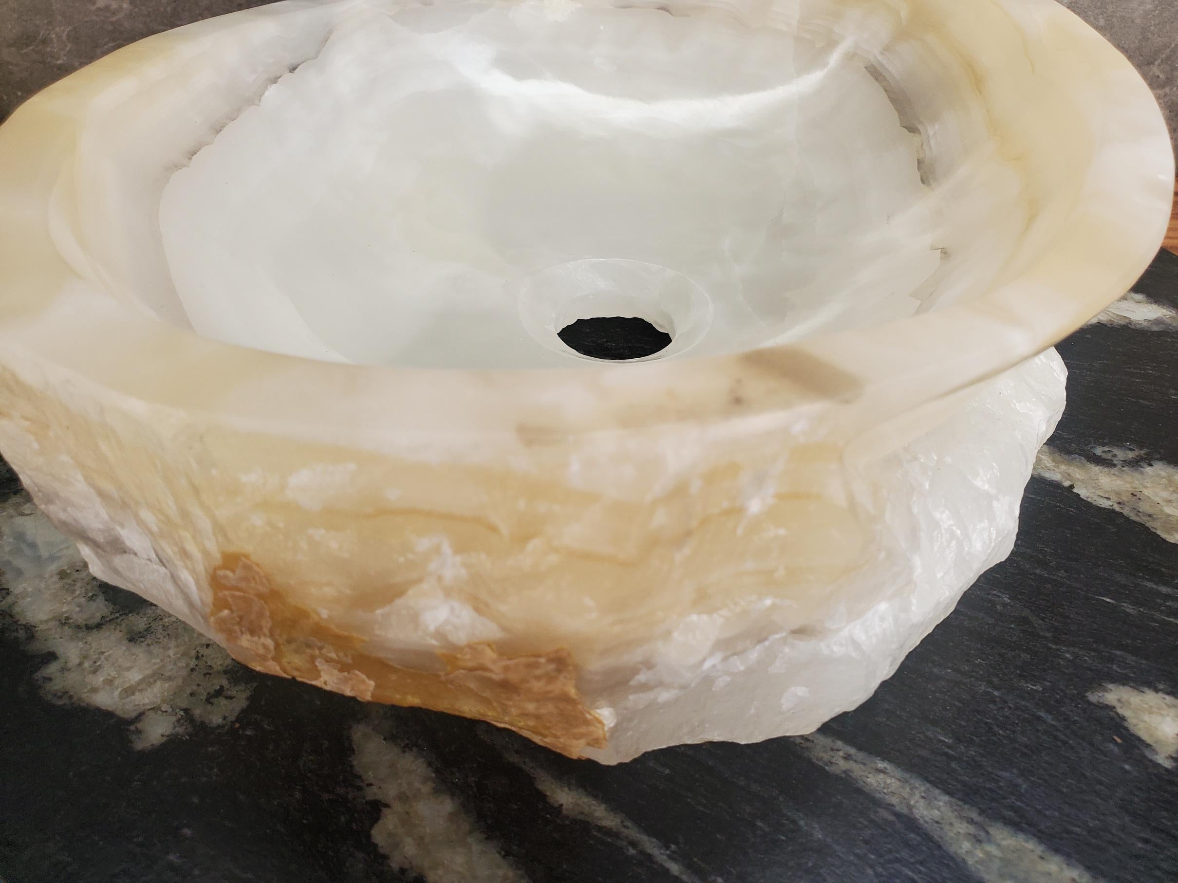 Cream Onyx Vessel Sink, 15x11.5 Inch Natural Stone Countertop Basin, Polished Luxury Vanity Sink, Spa Bathroom Decor Above Counter sink Bathroom Décor beige tan taupe hand basin bowl handmade powder room Home design trends luxury bathroom Marble Onix Rock modern contemporary natural stone sink plumbing fixture Rectangle Vessel Tan Rustic Onyx Vessel Sinks Translucent Polish