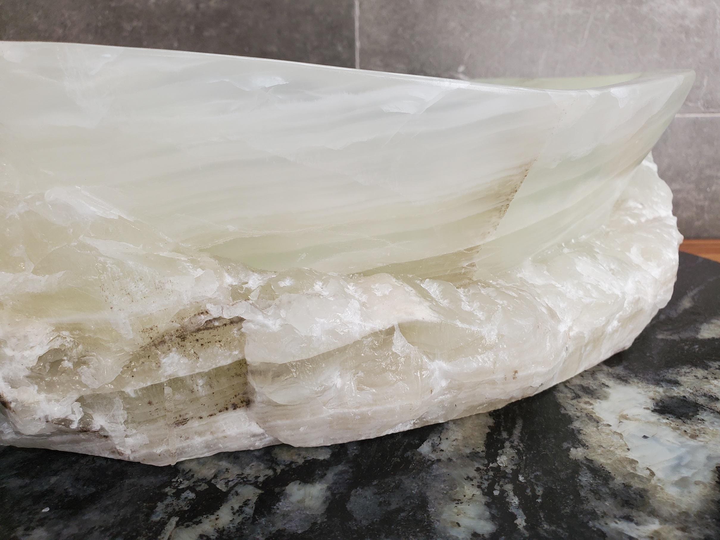 Green Onyx Vessel Sink – Oval Natural Stone Countertop Sink, Polished Vanity Basin, Luxury Spa Bathroom Decor 15.5x11.5 Inch Above Counter sink Bathroom Décor beige tan taupe hand basin bowl handmade powder room Home design trends luxury bathroom Marble Onix Rock modern contemporary natural stone sink plumbing fixture Rectangle Vessel Tan Rustic Onyx Vessel Sinks Translucent Polish