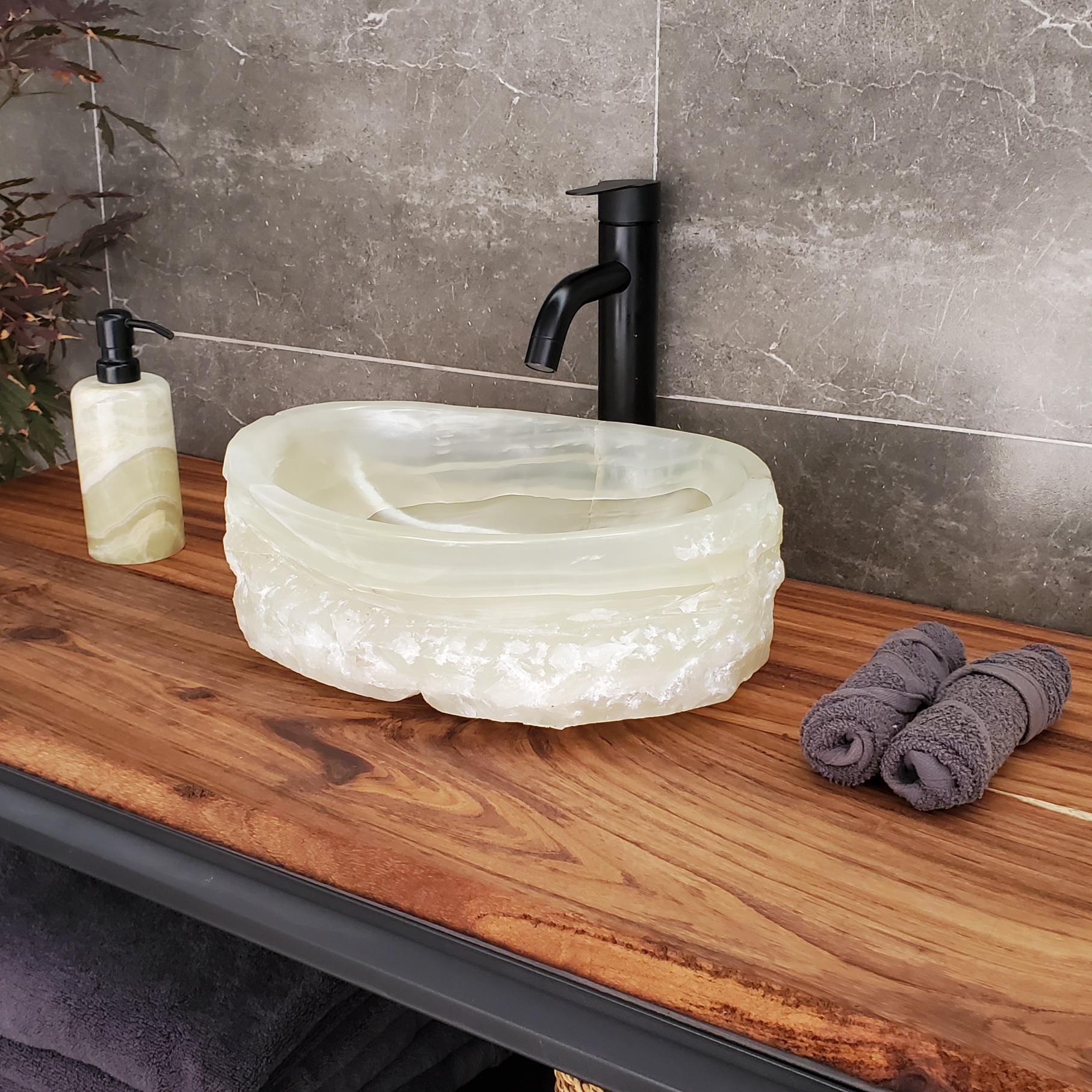 Green Onyx Vessel Sink, Natural Stone Vanity Basin, Polished Bathroom Countertop Sink, Spa Decor 15x11.5 Inch Above Counter sink Bathroom Décor beige tan taupe hand basin bowl handmade powder room Home design trends luxury bathroom Marble Onix Rock modern contemporary natural stone sink plumbing fixture Rectangle Vessel Tan Rustic Onyx Vessel Sinks Translucent Polish