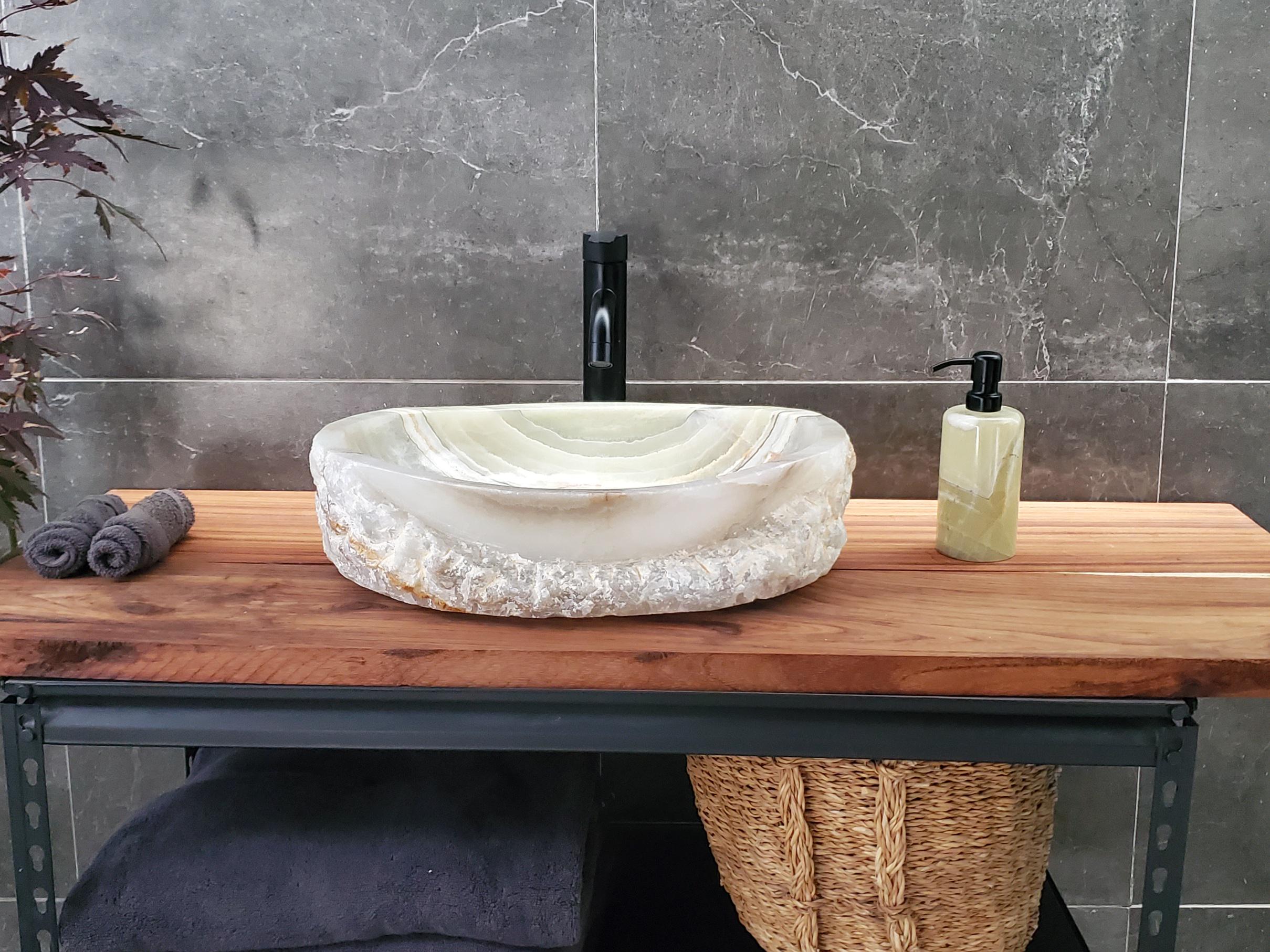 Green Onyx Marble Vessel Sink – Oval Natural Stone Countertop Sink, Polished Vanity Basin, Luxury Spa Bathroom Decor 18.5x14 Inch Above Counter sink Bathroom Décor beige tan taupe hand basin bowl handmade powder room Home design trends luxury bathroom Marble Onix Rock modern contemporary natural stone sink plumbing fixture Rectangle Vessel Tan Rustic Onyx Vessel Sinks Translucent Polish