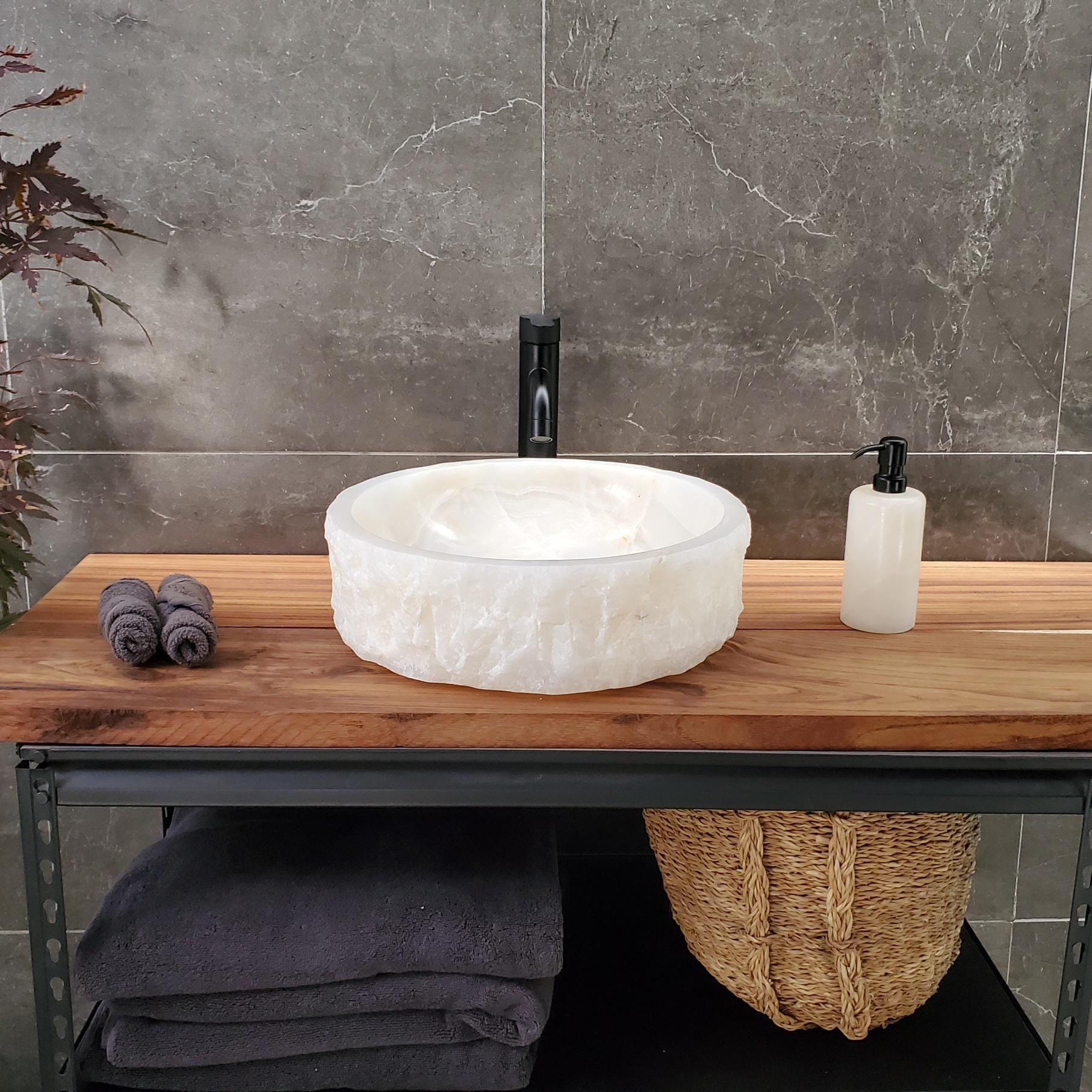 White Onyx Vessel Sink, 15.6x15.6 Inch Natural Stone Countertop Basin, Polished Luxury Vanity Sink, Spa Bathroom Decor Above Counter sink Bathroom Décor beige tan taupe hand basin bowl handmade powder room Home design trends luxury bathroom Marble Onix Rock modern contemporary natural stone sink plumbing fixture Rectangle Vessel Tan Rustic Onyx Vessel Sinks Translucent Polish