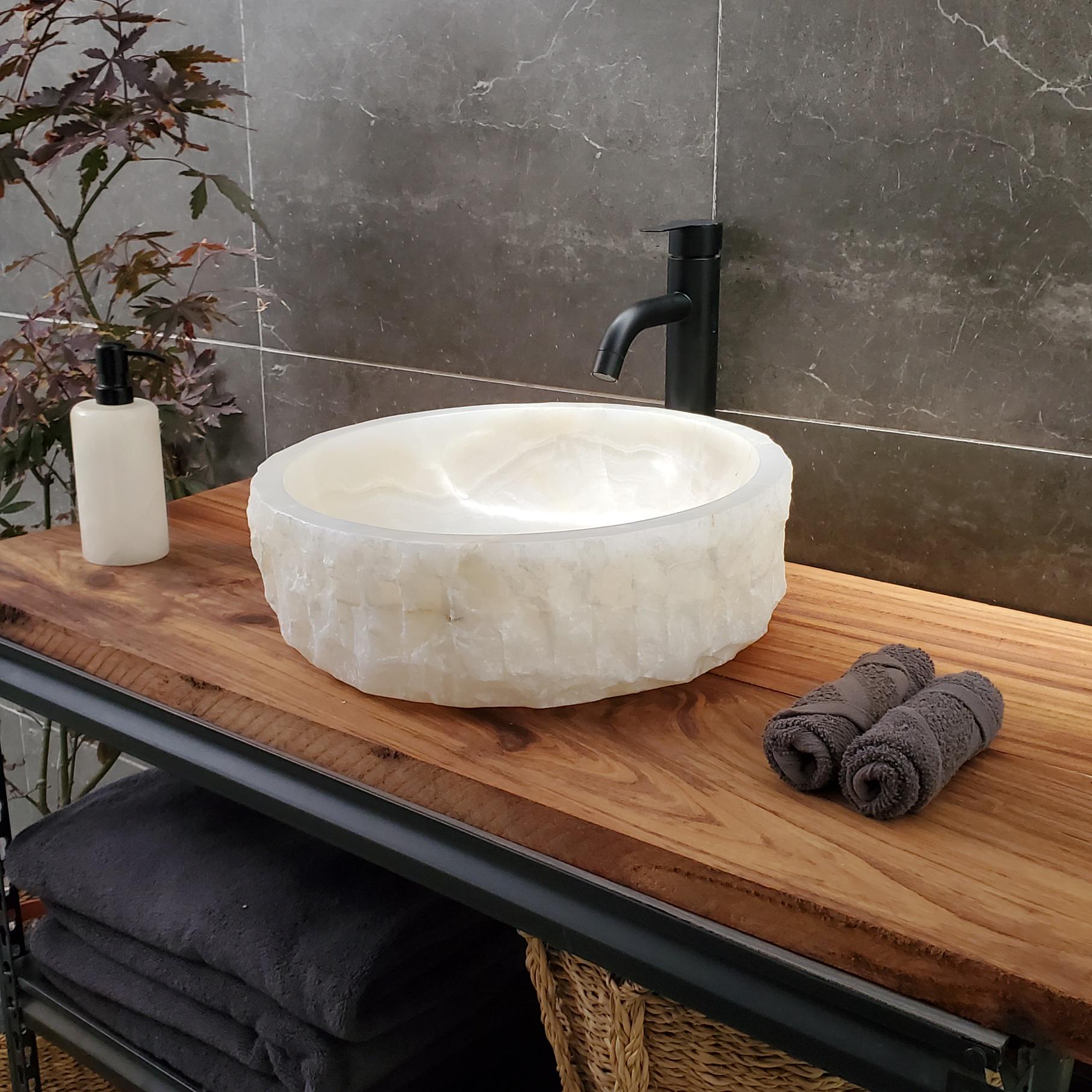 White Onyx Vessel Sink, 15.6x15.6 Inch Natural Stone Countertop Basin, Polished Luxury Vanity Sink, Spa Bathroom Decor Above Counter sink Bathroom Décor beige tan taupe hand basin bowl handmade powder room Home design trends luxury bathroom Marble Onix Rock modern contemporary natural stone sink plumbing fixture Rectangle Vessel Tan Rustic Onyx Vessel Sinks Translucent Polish