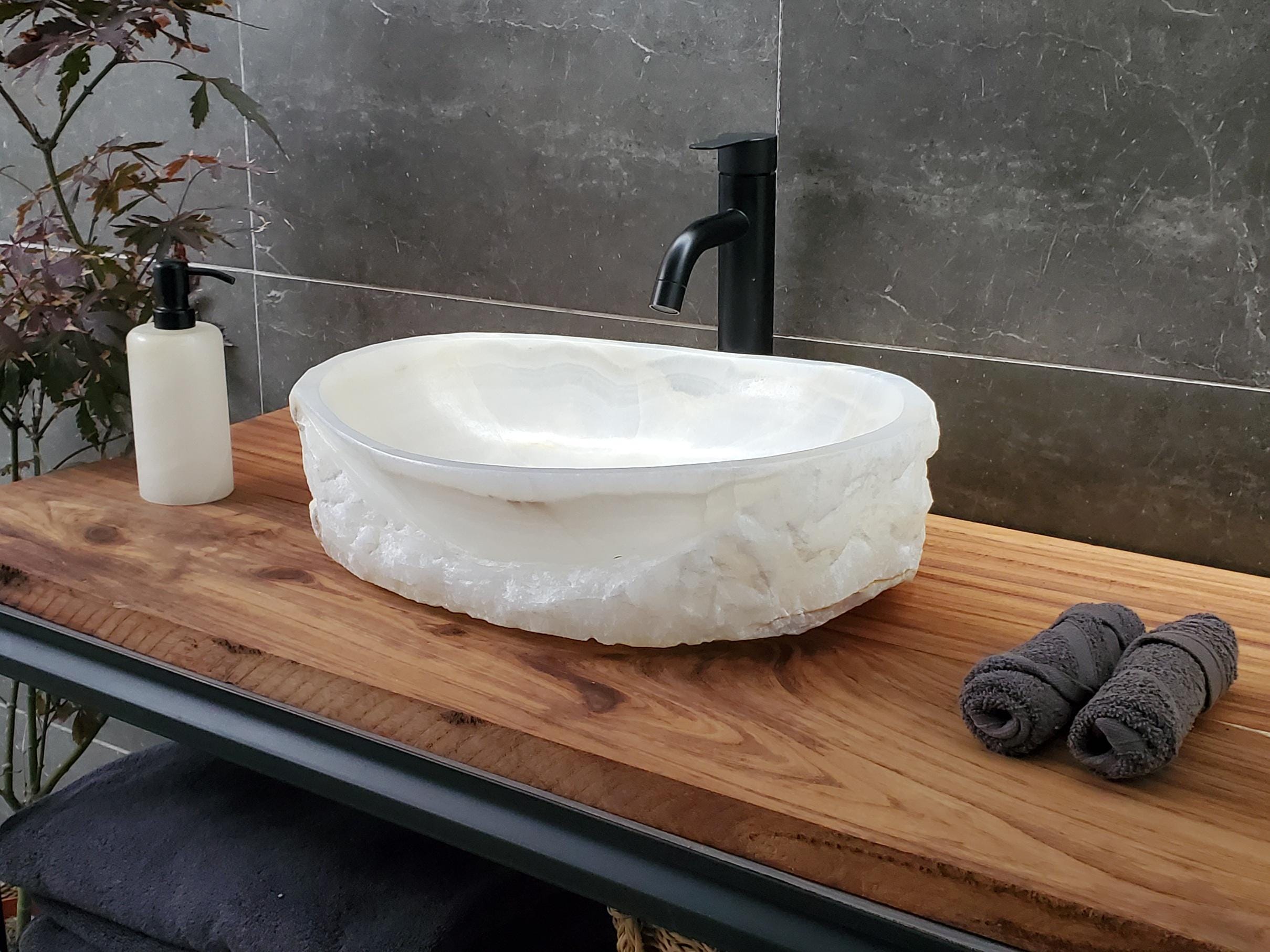 White Onyx Vessel Sink – Oval Natural Stone Countertop Sink, Polished Vanity Basin, Luxury Spa Bathroom Decor 18.5x13.5 Inch Above Counter sink Bathroom Décor beige tan taupe hand basin bowl handmade powder room Home design trends luxury bathroom Marble Onix Rock modern contemporary natural stone sink plumbing fixture Rectangle Vessel Tan Rustic Onyx Vessel Sinks Translucent Polish