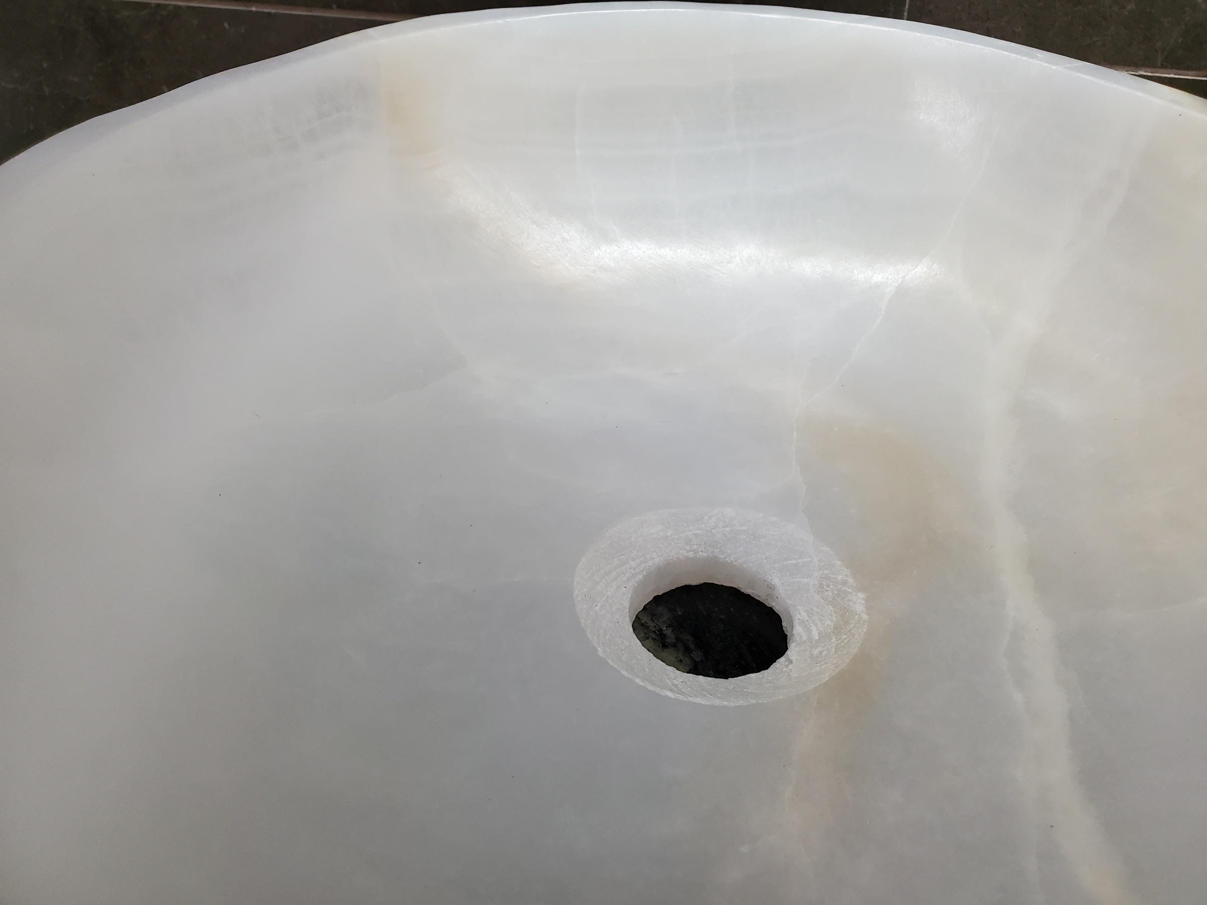 White Onyx Vessel Sink – Oval Natural Stone Countertop Sink, Polished Vanity Basin, Luxury Spa Bathroom Decor 18.5x13.5 Inch Above Counter sink Bathroom Décor beige tan taupe hand basin bowl handmade powder room Home design trends luxury bathroom Marble Onix Rock modern contemporary natural stone sink plumbing fixture Rectangle Vessel Tan Rustic Onyx Vessel Sinks Translucent Polish