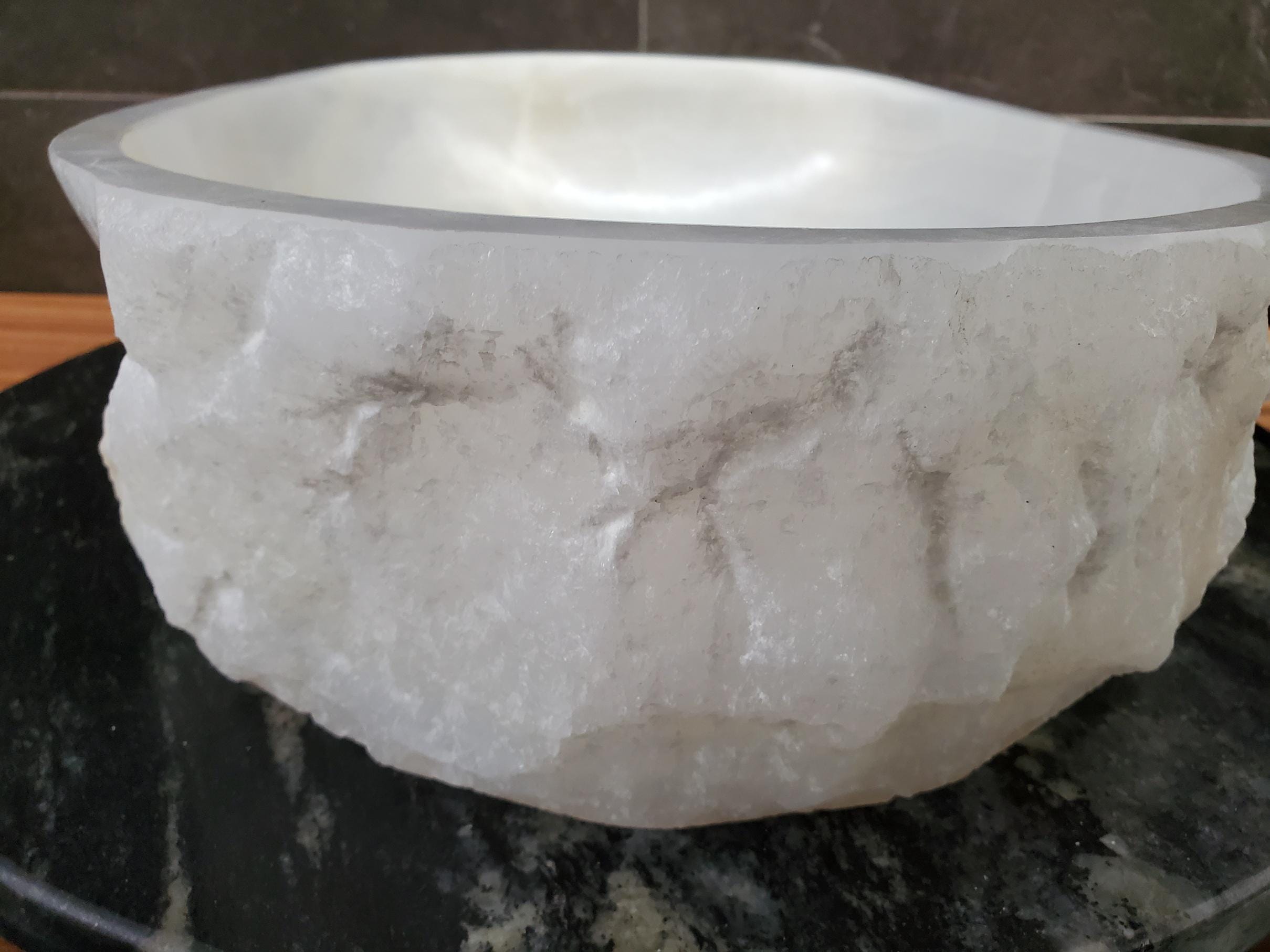 White Onyx Vessel Sink – Oval Natural Stone Countertop Sink, Polished Vanity Basin, Luxury Spa Bathroom Decor 18.5x13.5 Inch Above Counter sink Bathroom Décor beige tan taupe hand basin bowl handmade powder room Home design trends luxury bathroom Marble Onix Rock modern contemporary natural stone sink plumbing fixture Rectangle Vessel Tan Rustic Onyx Vessel Sinks Translucent Polish