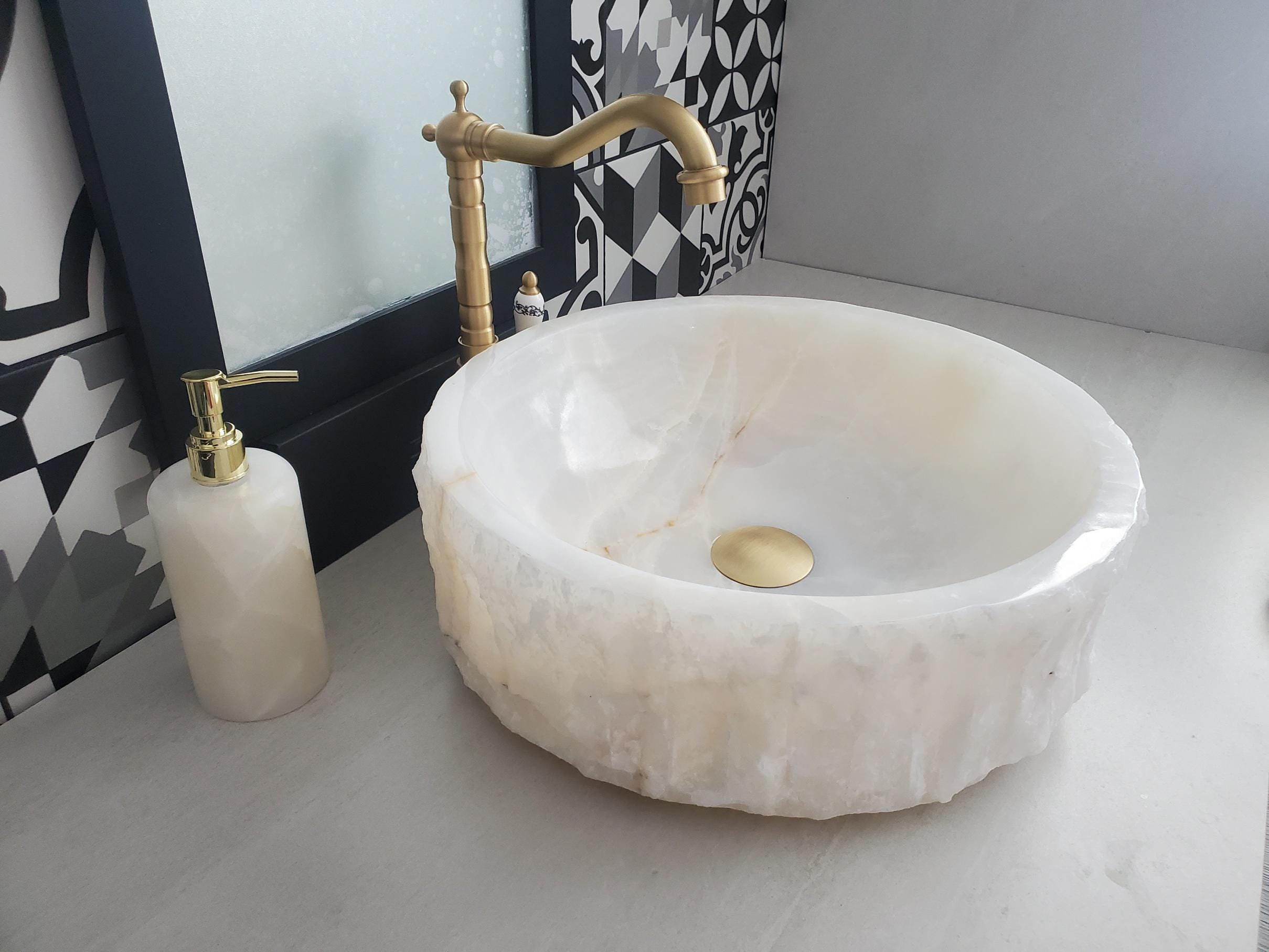 White Onyx Vessel Sink, 16x16 Inch Natural Stone Countertop Basin, Polished Luxury Vanity Sink, Spa Bathroom Decor Above Counter sink Bathroom Décor beige tan taupe hand basin bowl handmade powder room Home design trends luxury bathroom Marble Onix Rock modern contemporary natural stone sink plumbing fixture Rectangle Vessel Tan Rustic Onyx Vessel Sinks Translucent Polish