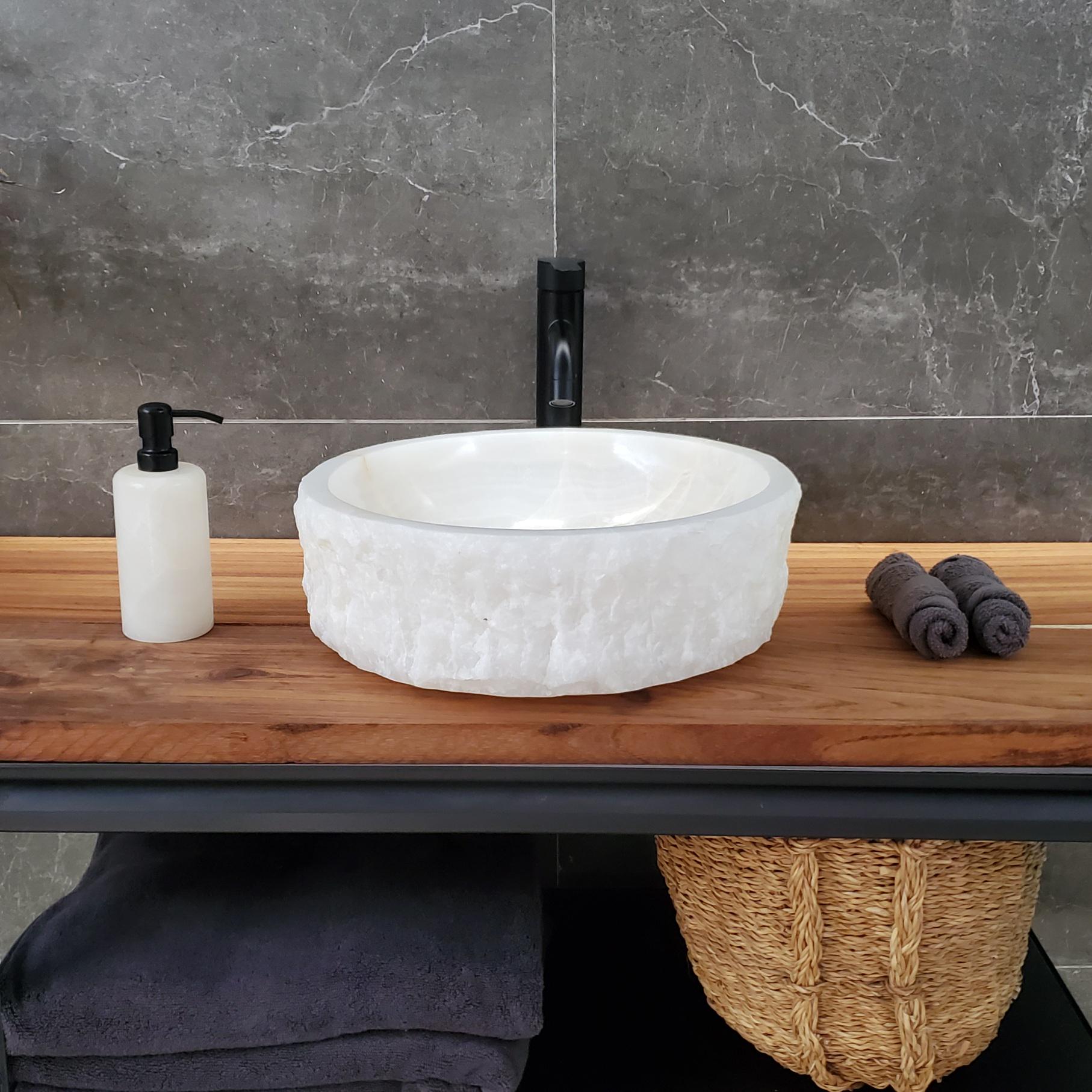 White Onyx Vessel Sink, 16x16 Inch Natural Stone Countertop Basin, Polished Luxury Vanity Sink, Spa Bathroom Decor Above Counter sink Bathroom Décor beige tan taupe hand basin bowl handmade powder room Home design trends luxury bathroom Marble Onix Rock modern contemporary natural stone sink plumbing fixture Rectangle Vessel Tan Rustic Onyx Vessel Sinks Translucent Polish