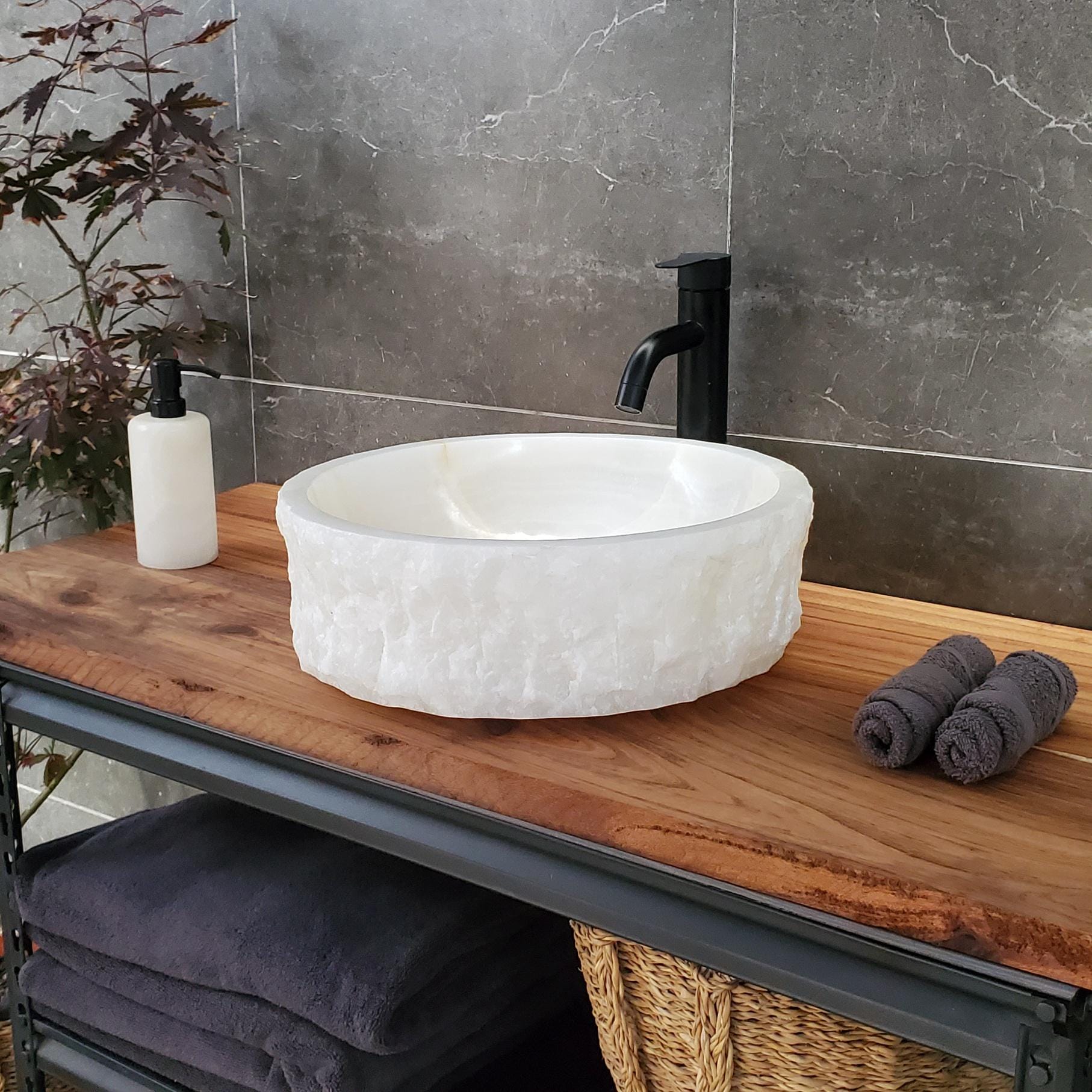 White Onyx Vessel Sink, 16x16 Inch Natural Stone Countertop Basin, Polished Luxury Vanity Sink, Spa Bathroom Decor Above Counter sink Bathroom Décor beige tan taupe hand basin bowl handmade powder room Home design trends luxury bathroom Marble Onix Rock modern contemporary natural stone sink plumbing fixture Rectangle Vessel Tan Rustic Onyx Vessel Sinks Translucent Polish