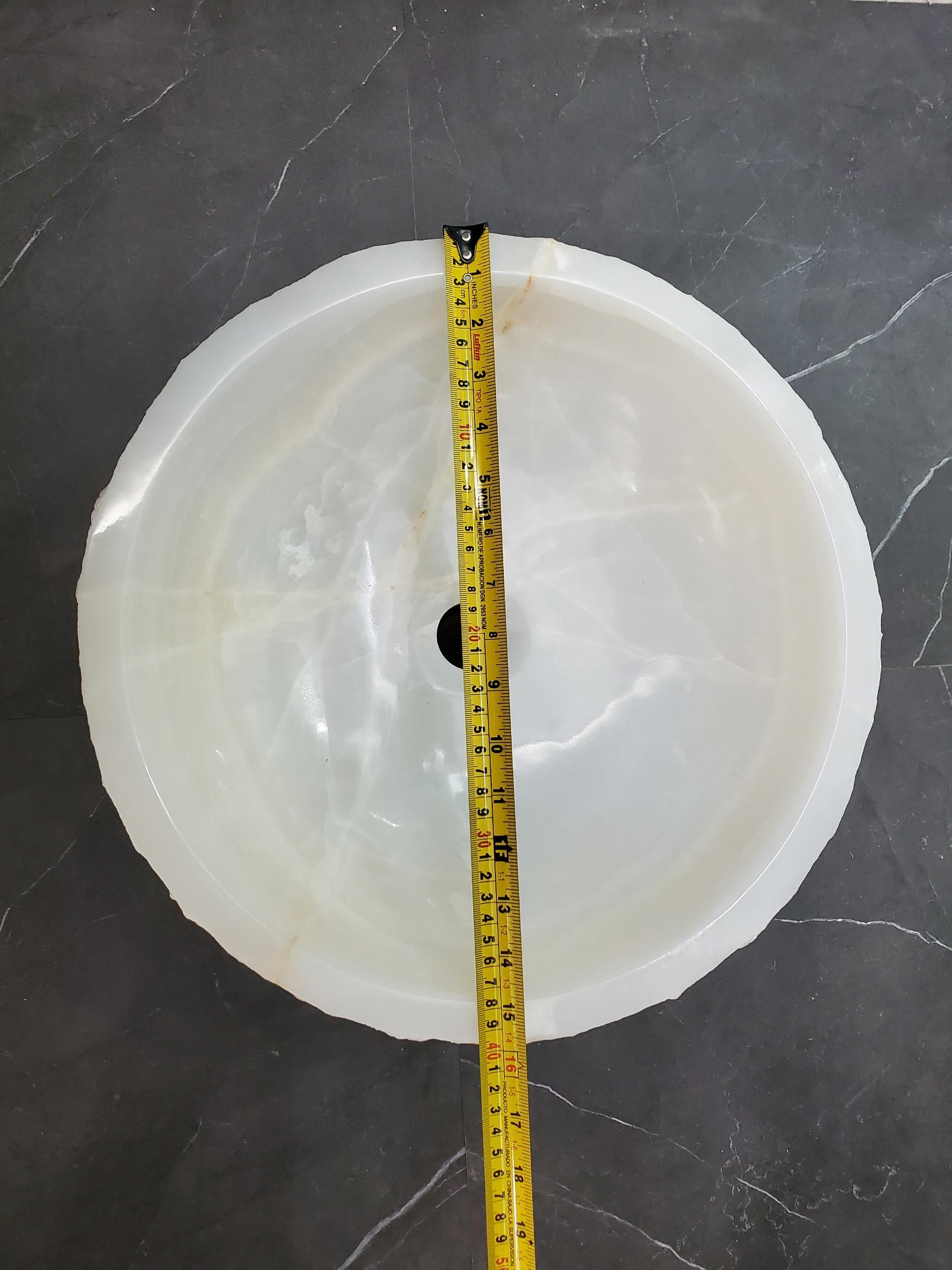 White Onyx Vessel Sink – Round Natural Stone Countertop Sink, Polished Vanity Basin, Luxury Spa Bathroom Decor 15.8x15.8 Inch Above Counter sink Bathroom Décor beige tan taupe hand basin bowl handmade powder room Home design trends luxury bathroom Marble Onix Rock modern contemporary natural stone sink plumbing fixture Rectangle Vessel Tan Rustic Onyx Vessel Sinks Translucent Polish