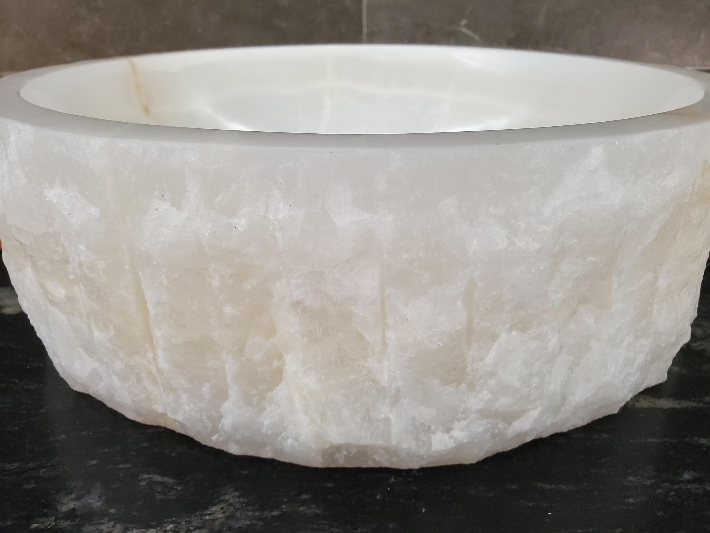 White Onyx Vessel Sink – Round Natural Stone Countertop Sink, Polished Vanity Basin, Luxury Spa Bathroom Decor 15.8x15.8 Inch Above Counter sink Bathroom Décor beige tan taupe hand basin bowl handmade powder room Home design trends luxury bathroom Marble Onix Rock modern contemporary natural stone sink plumbing fixture Rectangle Vessel Tan Rustic Onyx Vessel Sinks Translucent Polish