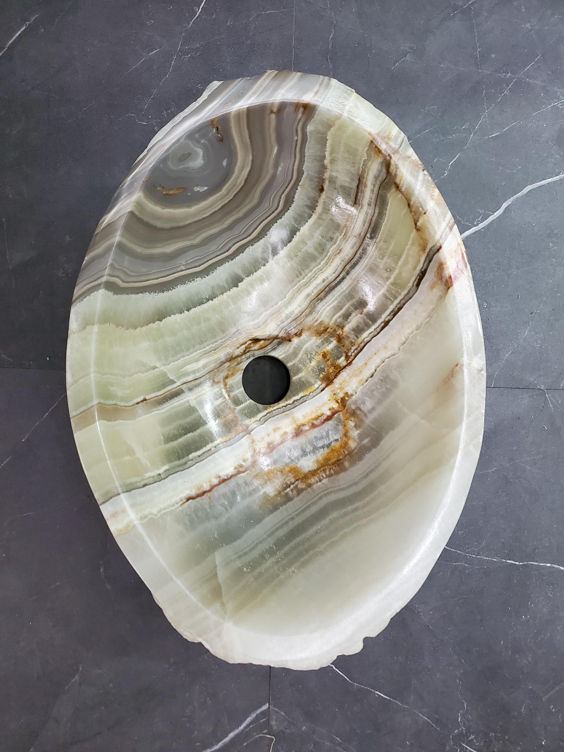 Green Onyx Vessel Sink – Oval Natural Stone Countertop Sink, Polished Vanity Basin, Luxury Spa Bathroom Decor 15.5x11 Inch Above Counter sink Bathroom Décor beige tan taupe hand basin bowl handmade powder room Home design trends luxury bathroom Marble Onix Rock modern contemporary natural stone sink plumbing fixture Rectangle Vessel Tan Rustic Onyx Vessel Sinks Translucent Polish