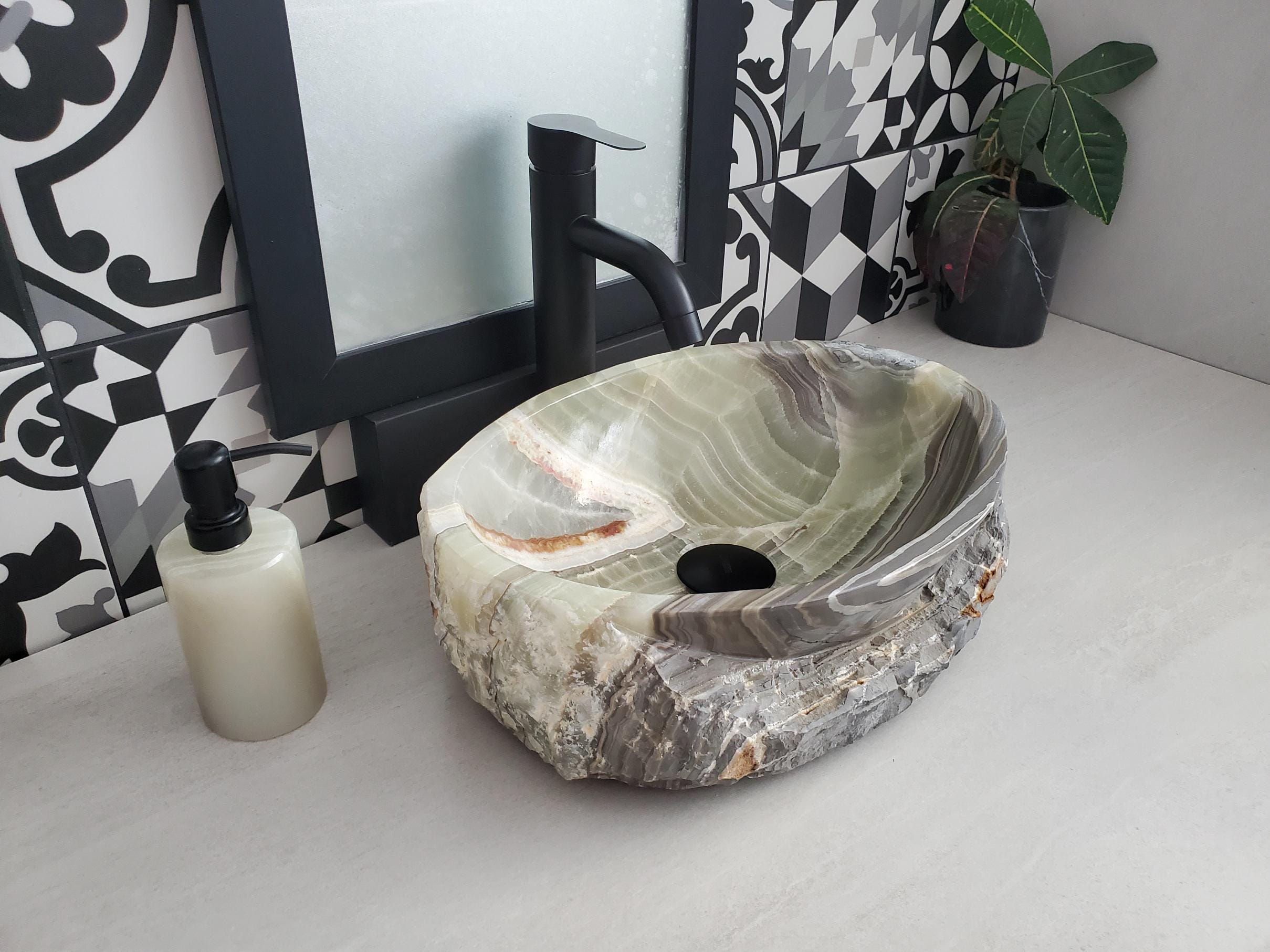 Green Onyx Vessel Sink, 15x11 Inch Natural Stone Countertop Basin, Polished Luxury Vanity Sink, Spa Bathroom Decor Above Counter sink Bathroom Décor beige tan taupe hand basin bowl handmade powder room Home design trends luxury bathroom Marble Onix Rock modern contemporary natural stone sink plumbing fixture Rectangle Vessel Tan Rustic Onyx Vessel Sinks Translucent Polish