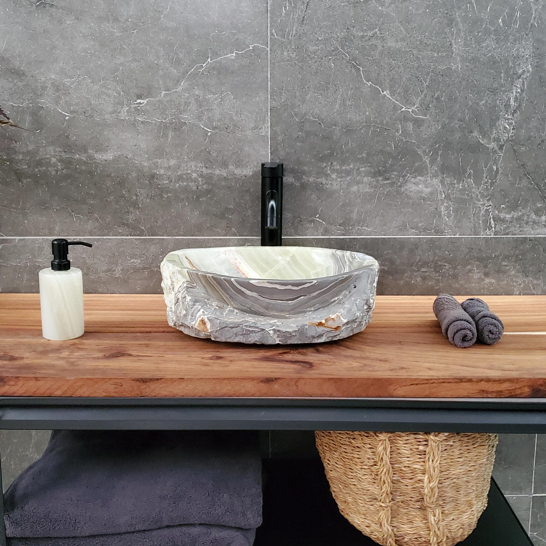 Green Onyx Vessel Sink, 15x11 Inch Natural Stone Countertop Basin, Polished Luxury Vanity Sink, Spa Bathroom Decor Above Counter sink Bathroom Décor beige tan taupe hand basin bowl handmade powder room Home design trends luxury bathroom Marble Onix Rock modern contemporary natural stone sink plumbing fixture Rectangle Vessel Tan Rustic Onyx Vessel Sinks Translucent Polish
