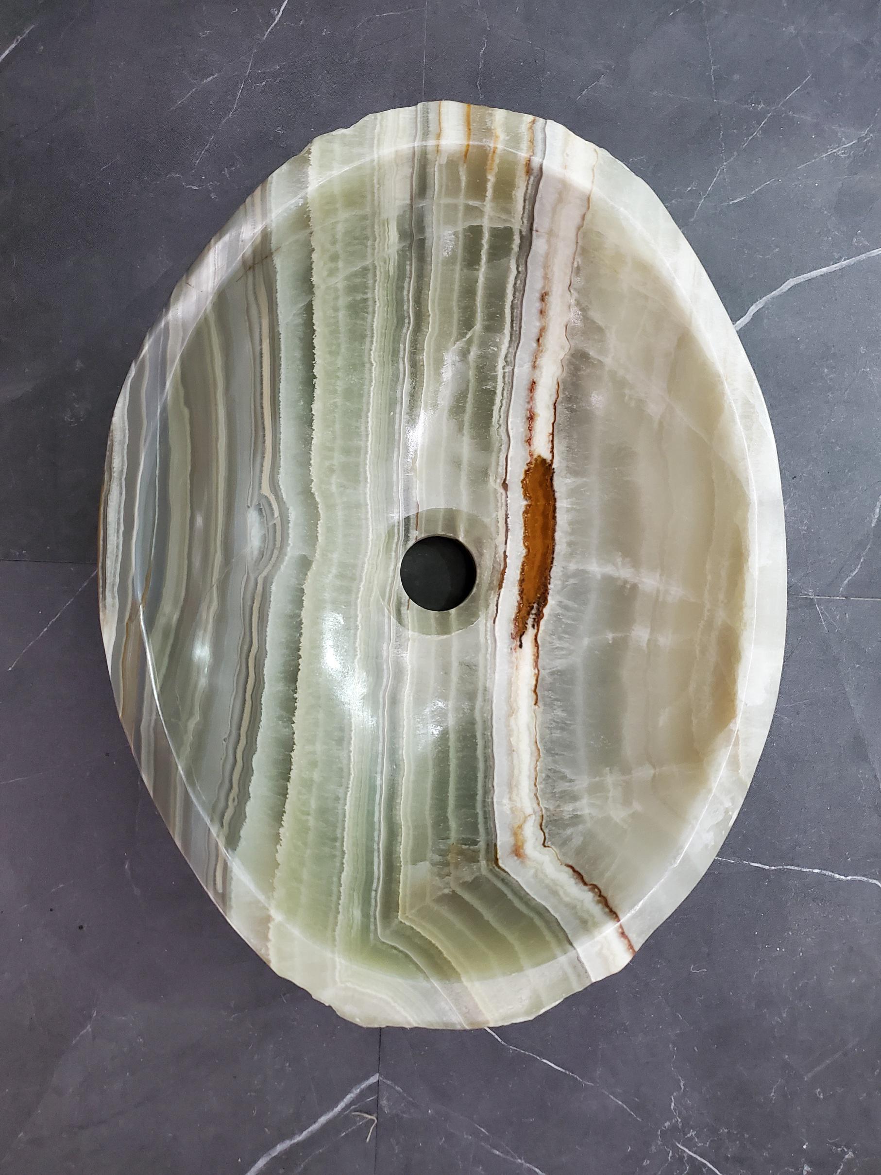 Green Onyx Vessel Sink – Oval Natural Stone Countertop Sink, Polished Vanity Basin, Luxury Spa Bathroom Decor 15x11.5 Inch Above Counter sink Bathroom Décor beige tan taupe hand basin bowl handmade powder room Home design trends luxury bathroom Marble Onix Rock modern contemporary natural stone sink plumbing fixture Rectangle Vessel Tan Rustic Onyx Vessel Sinks Translucent Polish