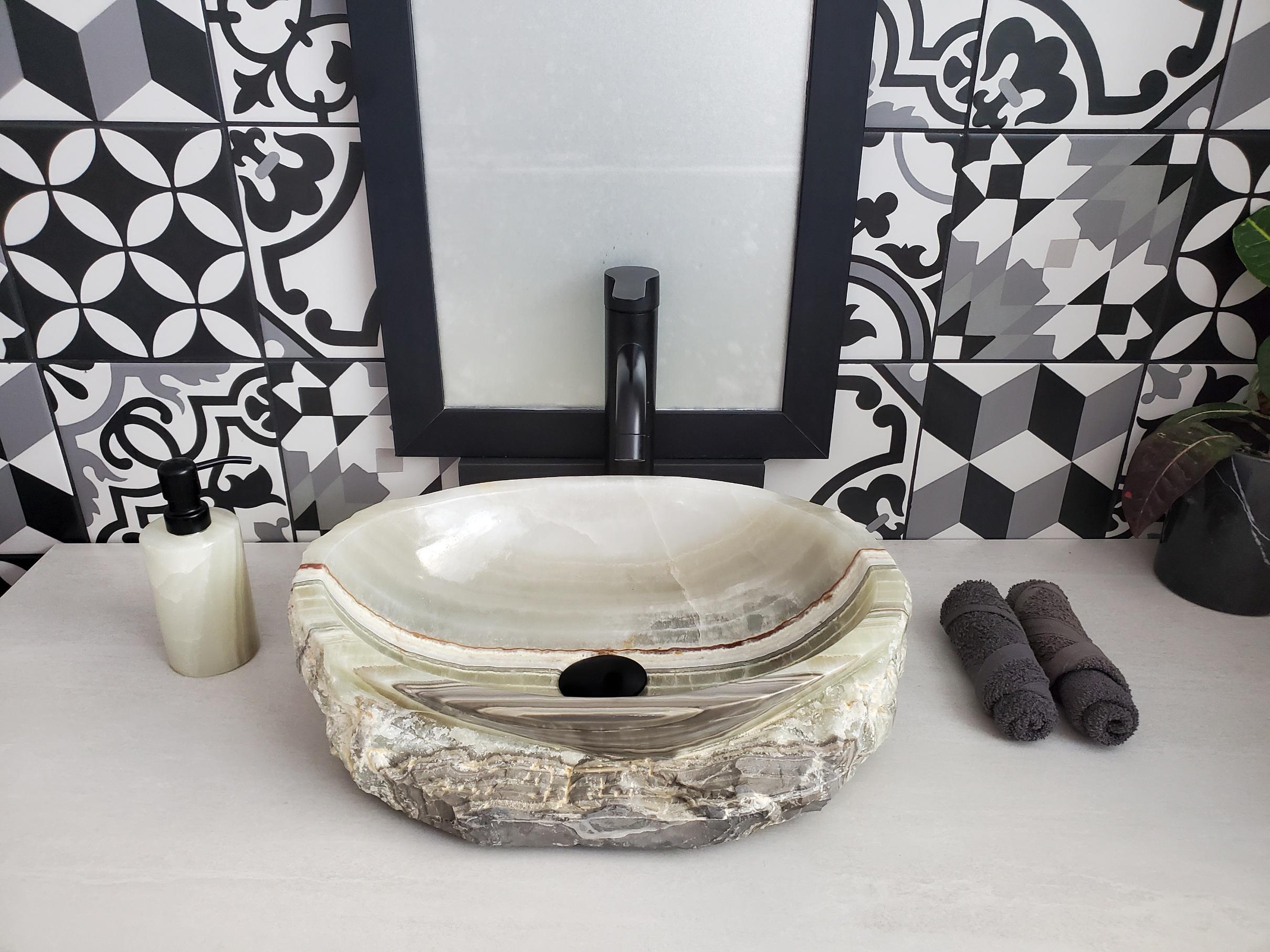 Green Onyx Vessel Sink, 16.5x12.5 Inch Natural Stone Countertop Basin, Polished Luxury Vanity Sink, Spa Bathroom Decor Above Counter sink Bathroom Décor beige tan taupe hand basin bowl handmade powder room Home design trends luxury bathroom Marble Onix Rock modern contemporary natural stone sink plumbing fixture Rectangle Vessel Tan Rustic Onyx Vessel Sinks Translucent Polish