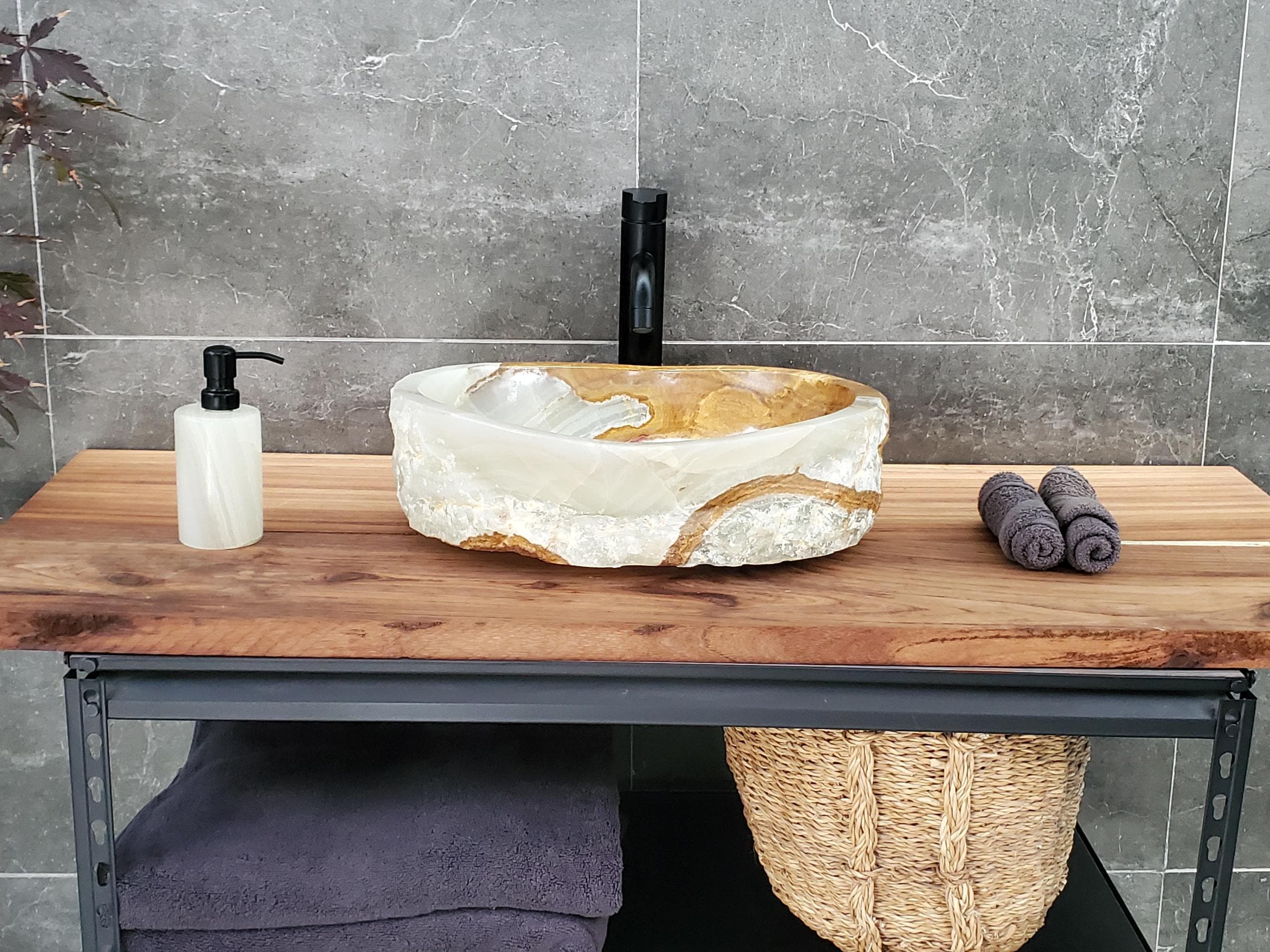 Green Onyx Vessel Sink – Oval Natural Stone Countertop Sink, Polished Vanity Basin, Luxury Spa Bathroom Decor 17x13 Inch Above Counter sink Bathroom Décor beige tan taupe hand basin bowl handmade powder room Home design trends luxury bathroom Marble Onix Rock modern contemporary natural stone sink plumbing fixture Rectangle Vessel Tan Rustic Onyx Vessel Sinks Translucent Polish